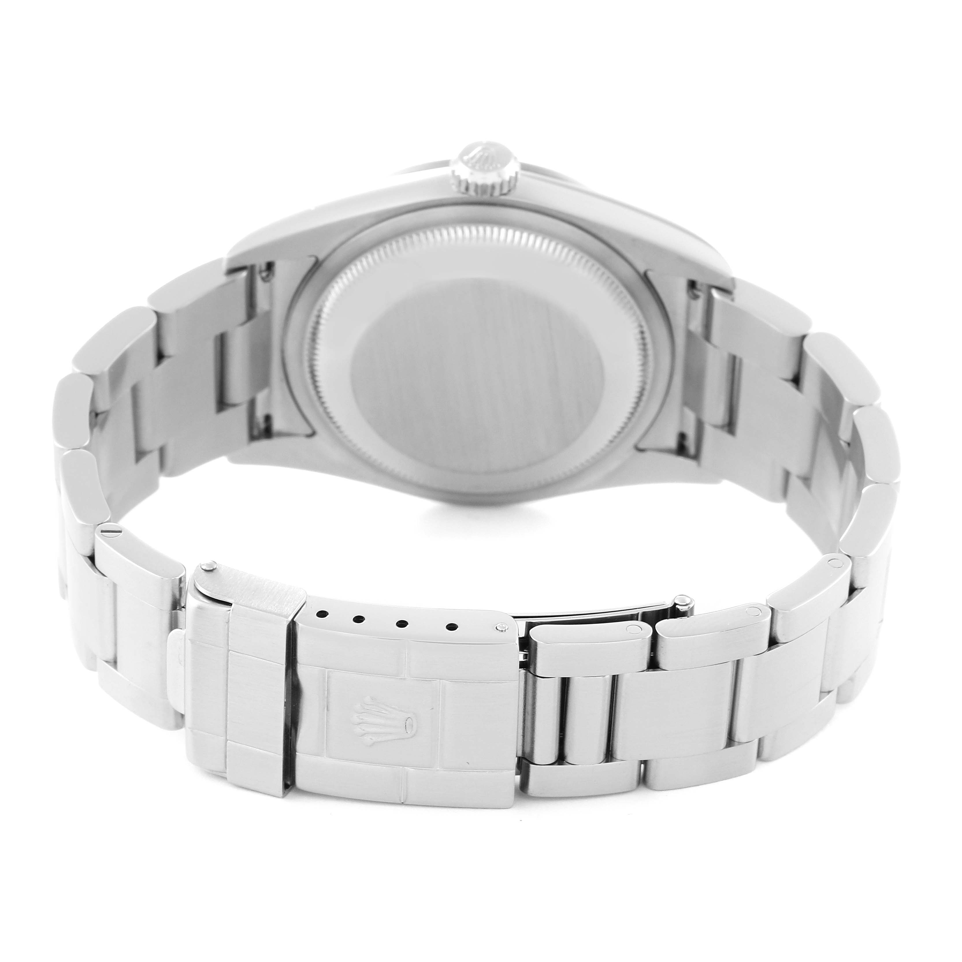 The image shows the back side of a Rolex Explorer 114270 Men's Stainless Steel Black Dial 114270 Men's Stainless Steel Black Dial watch, highlighting its case back, crown, and bracelet with the Rolex logo on the clasp.