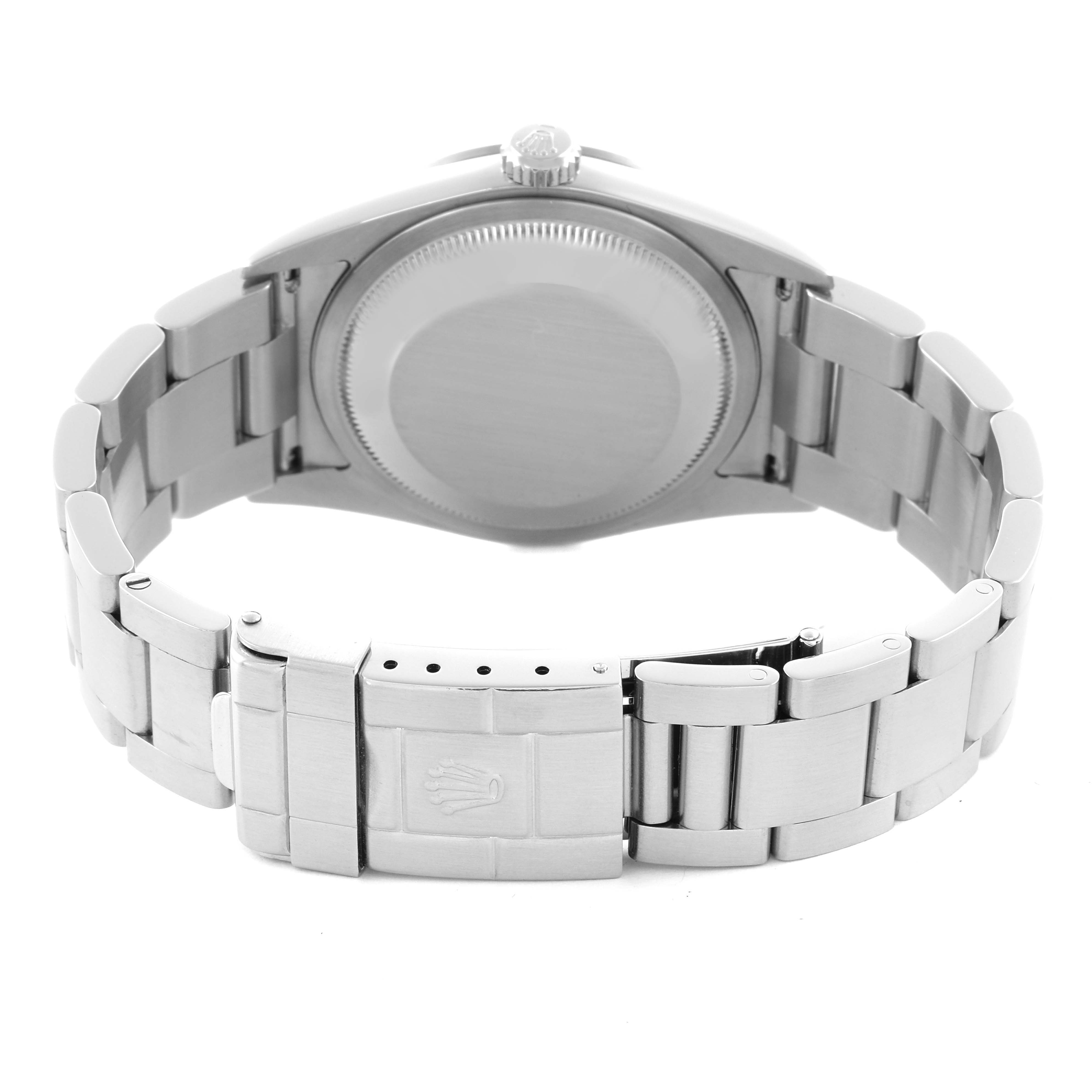 The image shows the back of the Rolex Explorer 114270 Men's Stainless Steel Black Dial 114270 Men's Stainless Steel Black Dial watch, highlighting the case back and bracelet clasp.