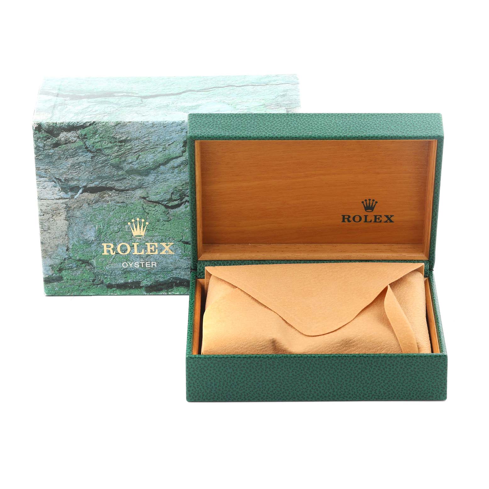 The image shows a Rolex Explorer 114270 Men's Stainless Steel Black Dial 114270 Men's Stainless Steel Black Dial watch box and pouch from a front angle.