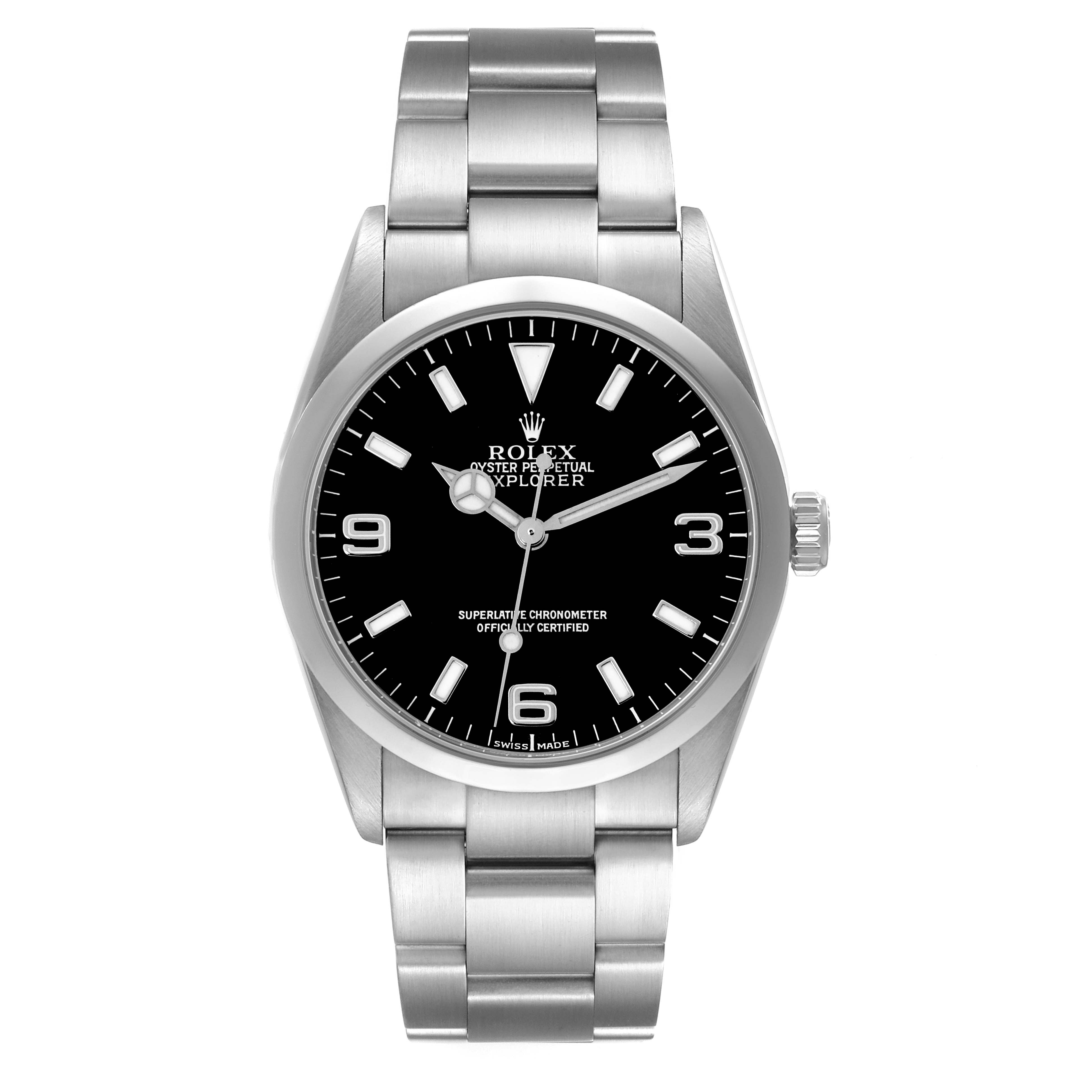 The Rolex Explorer 114270 Men's Stainless Steel Black Dial 114270 Men's Stainless Steel Black Dial watch is shown from a front angle, displaying the dial, case, and bracelet.