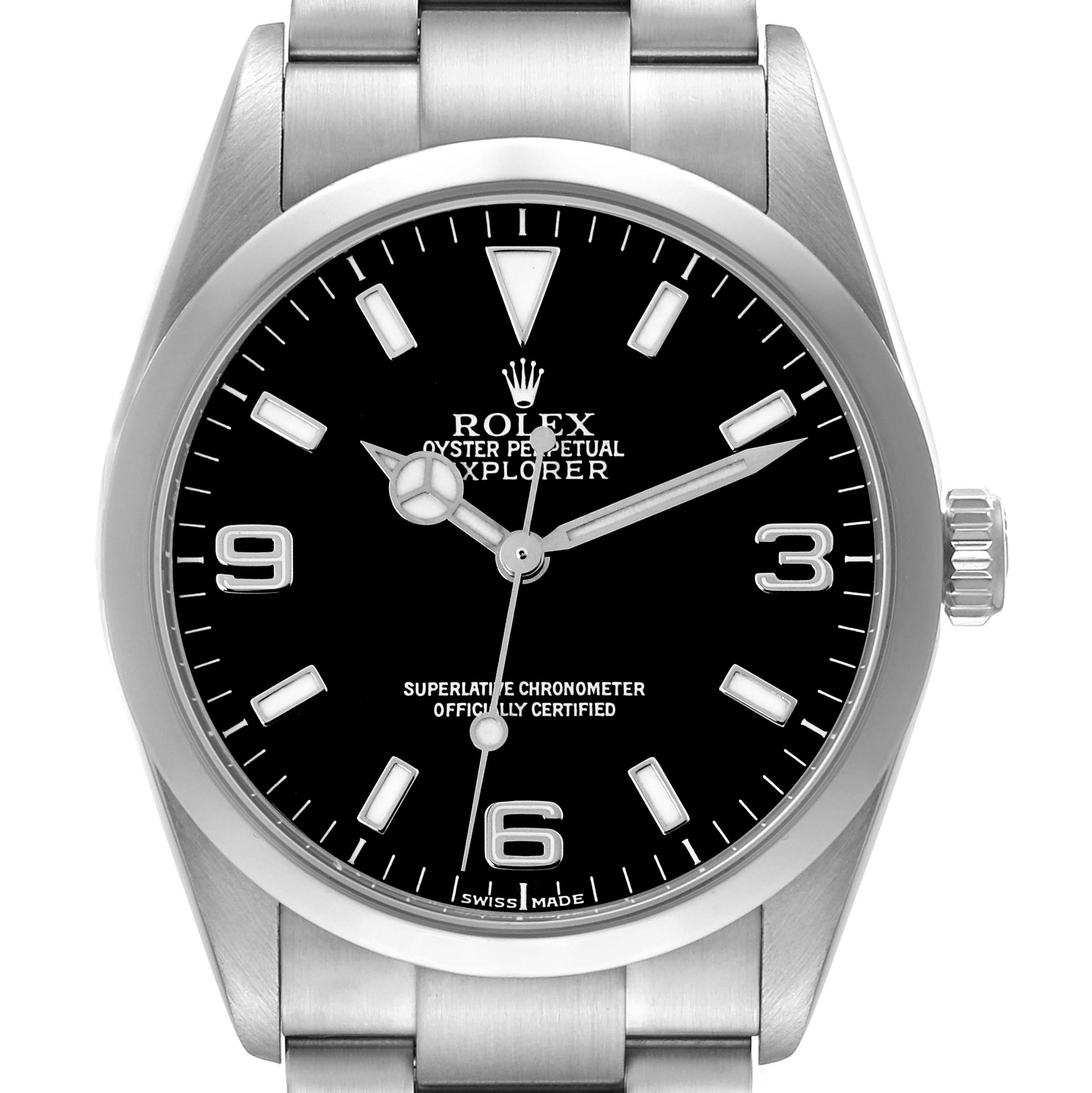 The Rolex Explorer 114270 Men's Stainless Steel Black Dial 114270 Men's Stainless Steel Black Dial watch is shown from the front, highlighting its black dial, hour markers, hands, and part of its bracelet.