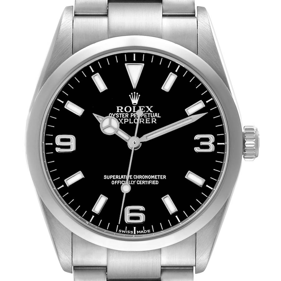 The Rolex Explorer watch is shown from the front, highlighting its black dial, hour markers, hands, and part of its bracelet.