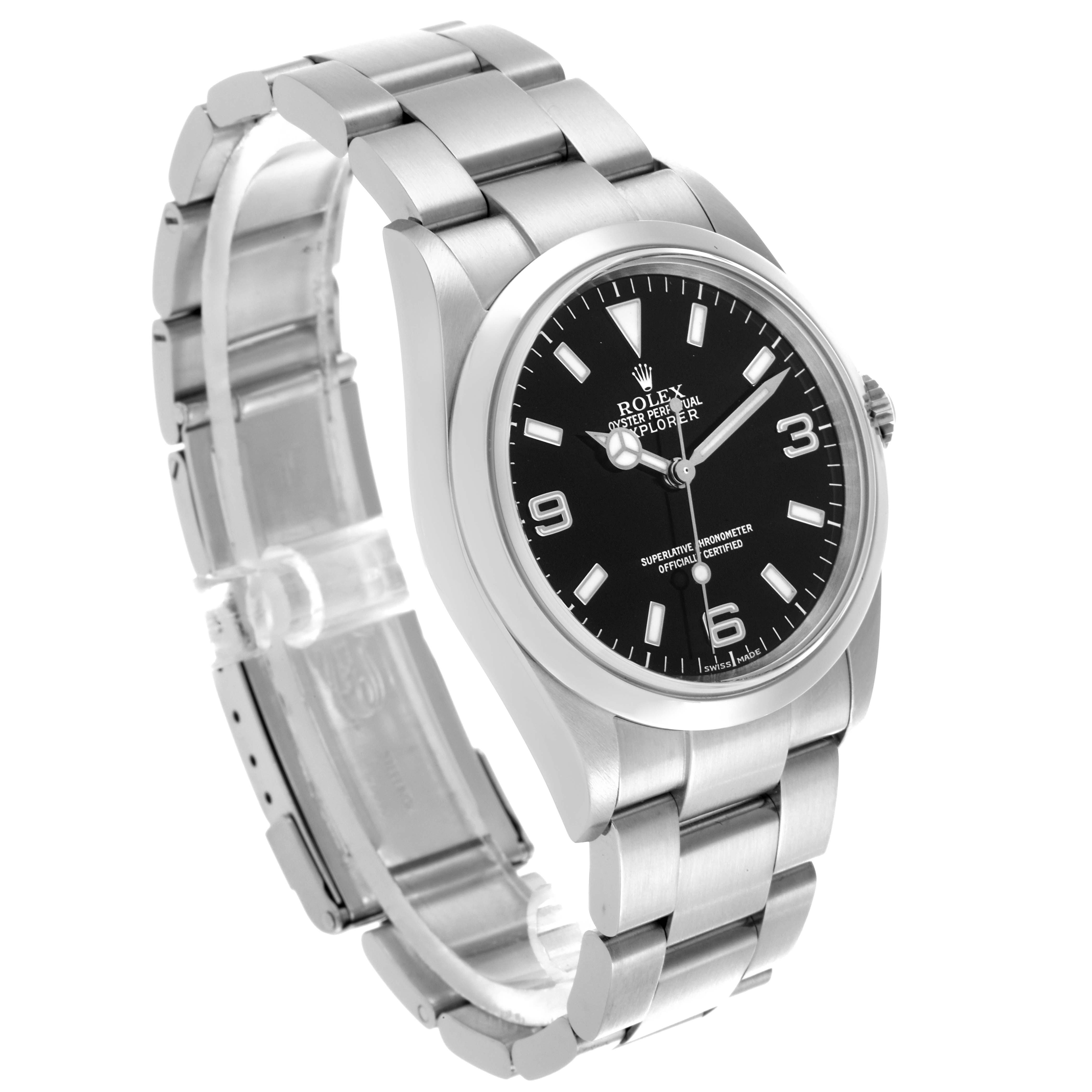The Rolex Explorer 114270 Men's Stainless Steel Black Dial 114270 Men's Stainless Steel Black Dial watch is shown at a 3/4 angle, highlighting the face, bezel, and part of the bracelet.