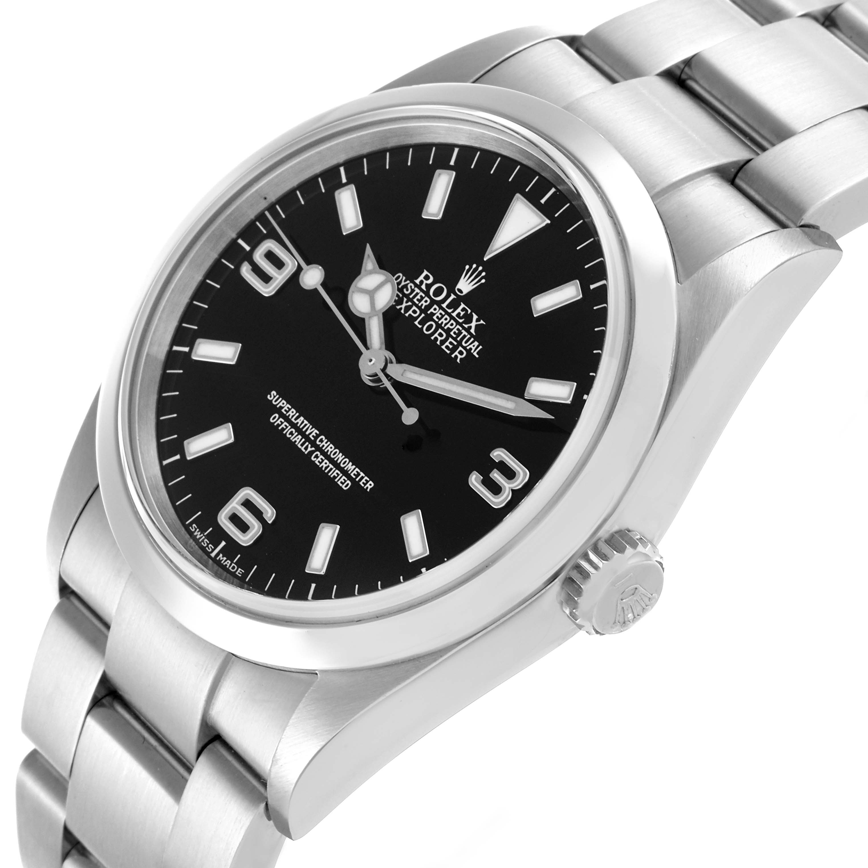 The Rolex Explorer 114270 Men's Stainless Steel Black Dial 114270 Men's Stainless Steel Black Dial watch is shown at a slight angle, highlighting the dial, bezel, bracelet, and crown.