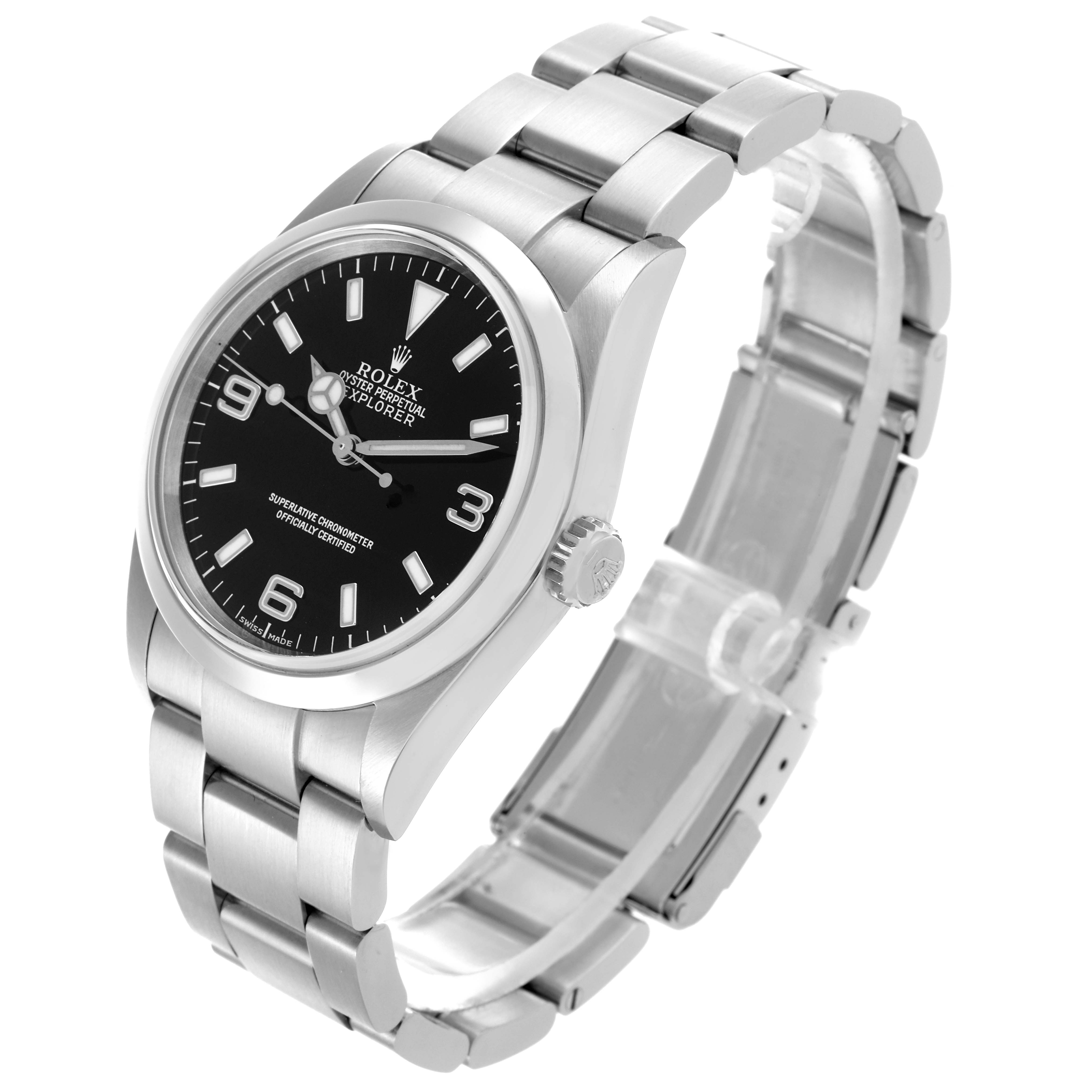 The Rolex Explorer 114270 Men's Stainless Steel Black Dial 114270 Men's Stainless Steel Black Dial watch is shown at a three-quarter angle, highlighting its face, bezel, crown, and bracelet.