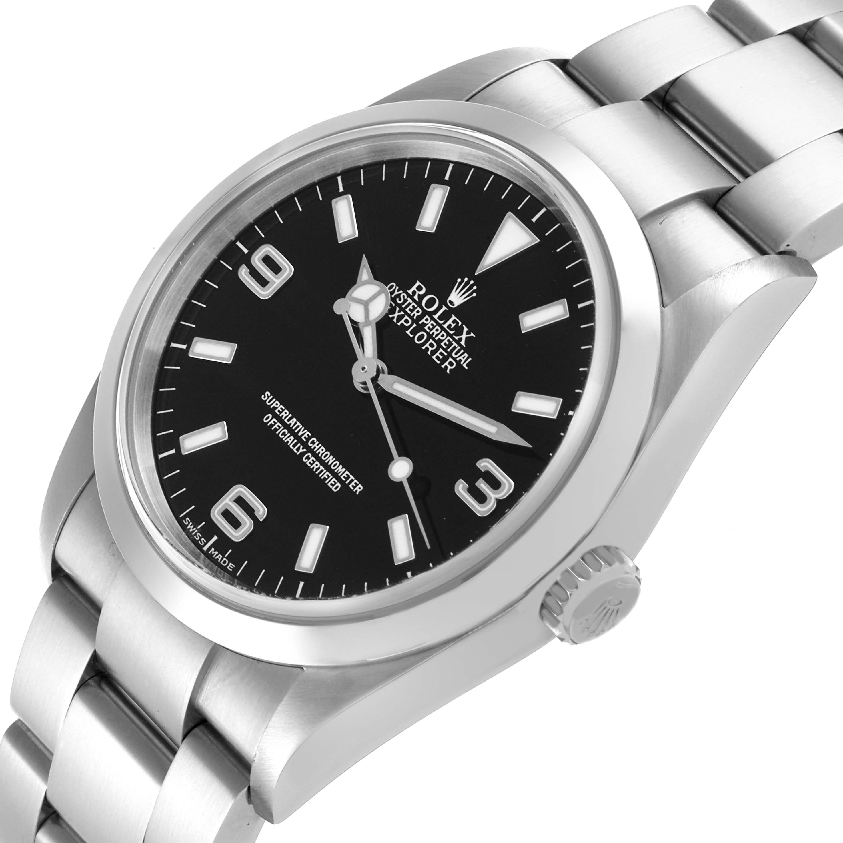 The Rolex Explorer 114270 Men
s Stainless Steel Black Dial 114270 Men
s Stainless Steel Black Dial watch is shown at a slight angle, displaying the face, crown, and part of the bracelet.