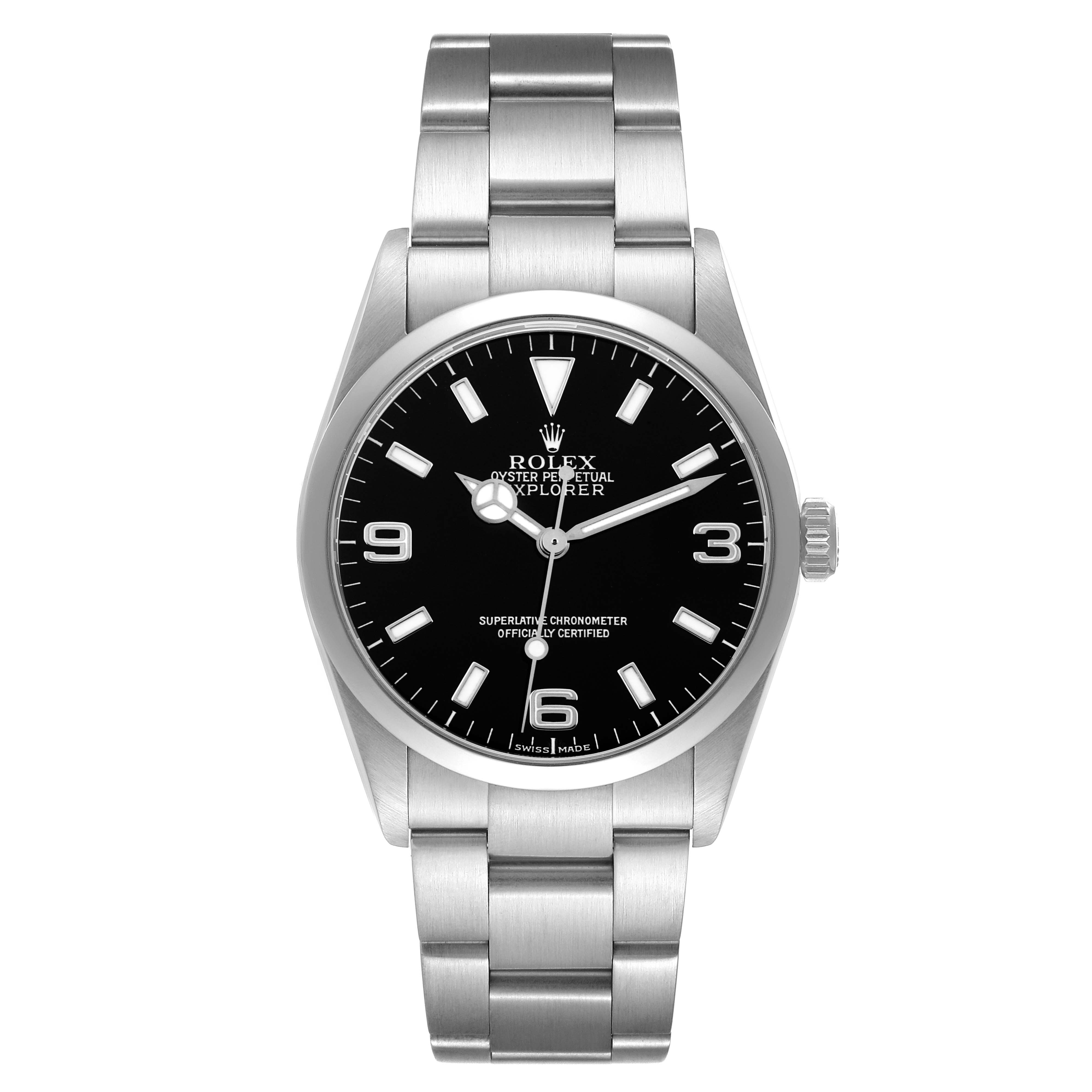 The Rolex Explorer 114270 Men
s Stainless Steel Black Dial 114270 Men
s Stainless Steel Black Dial watch is shown from a front angle, displaying the dial, bezel, case, crown, and bracelet.