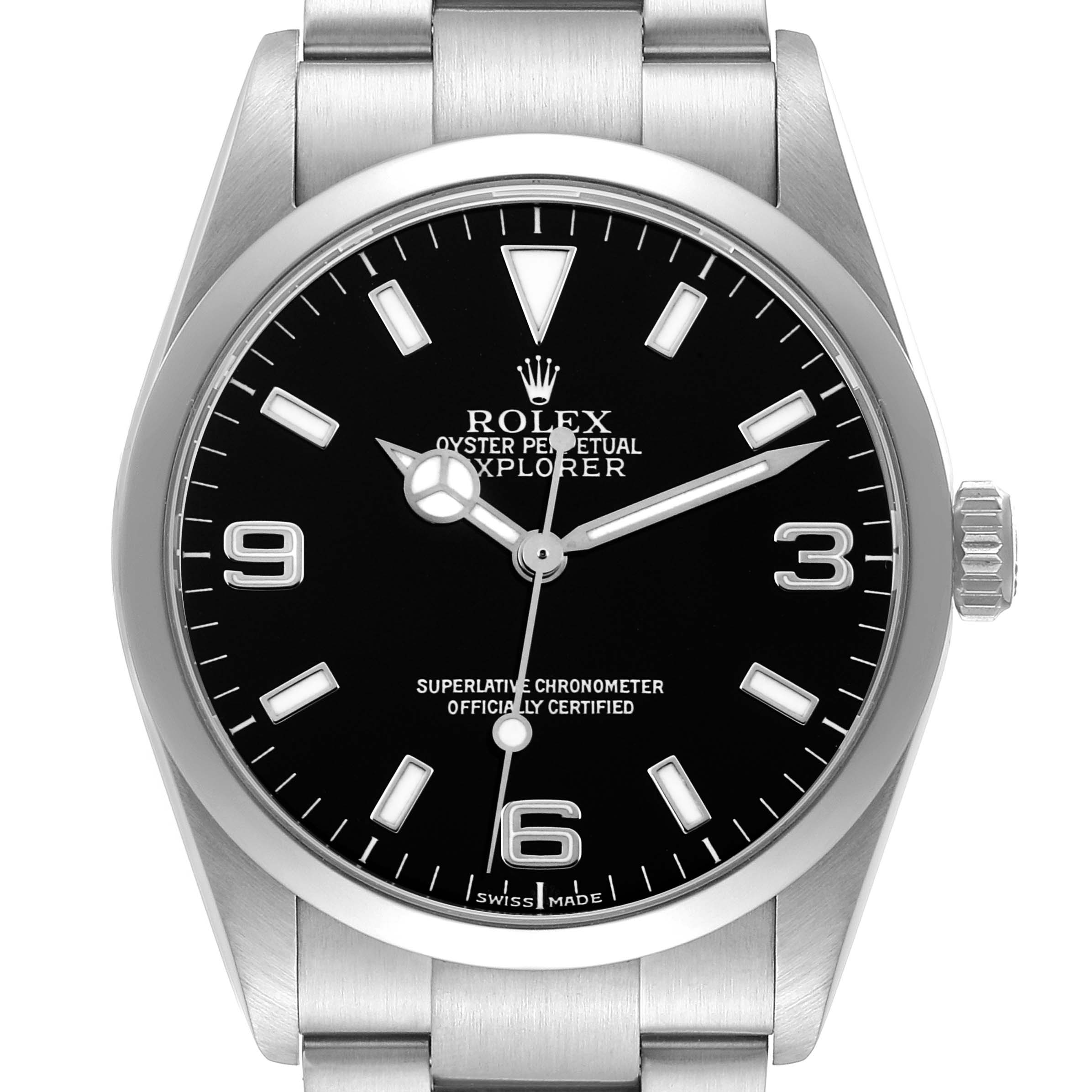 The Rolex Explorer 114270 Men
s Stainless Steel Black Dial 114270 Men
s Stainless Steel Black Dial watch is shown from the front, highlighting the dial, hour markers, hands, and part of the bracelet.