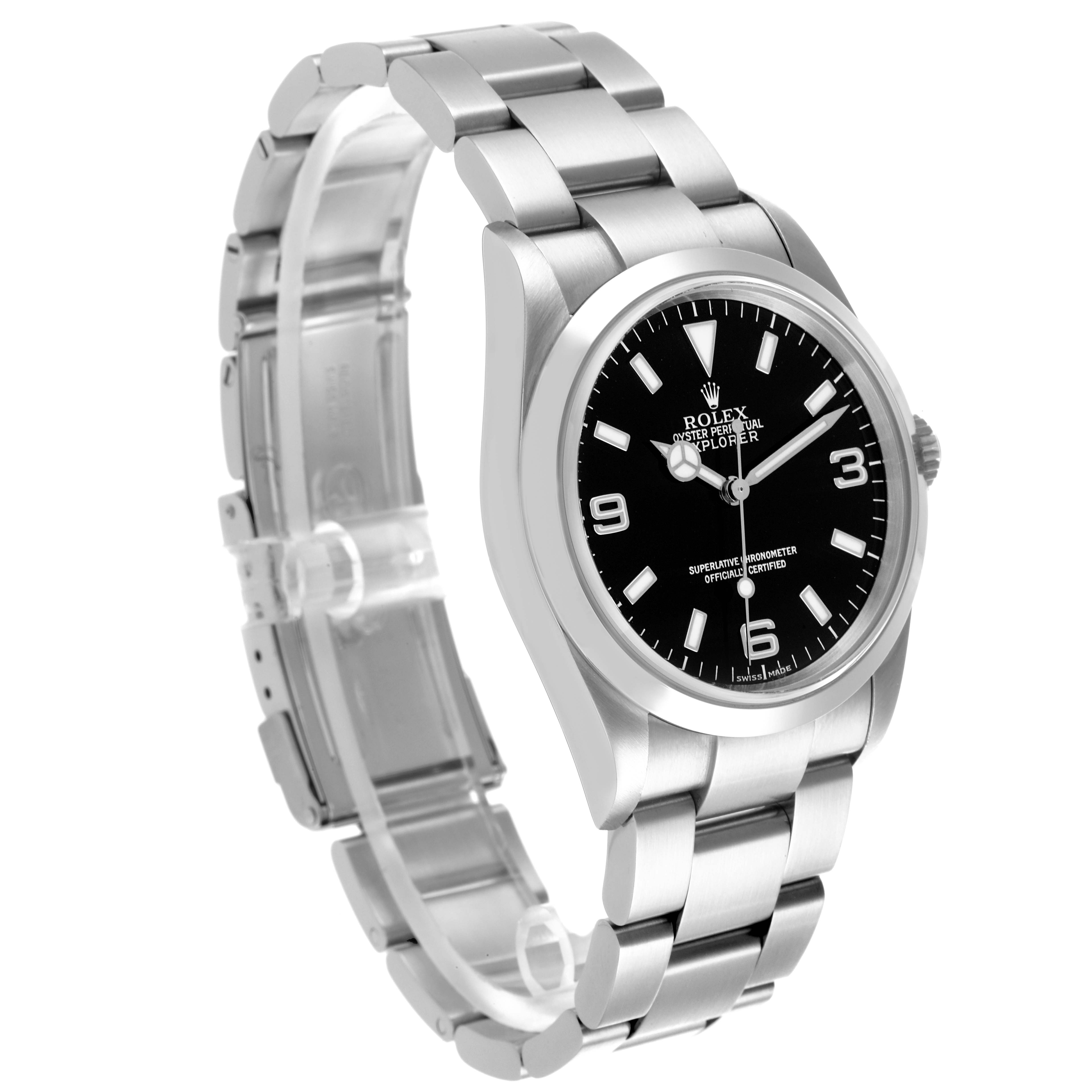 The Rolex Explorer 114270 Men
s Stainless Steel Black Dial 114270 Men
s Stainless Steel Black Dial watch is shown at a three-quarter angle, displaying its face, bezel, and partially open bracelet.