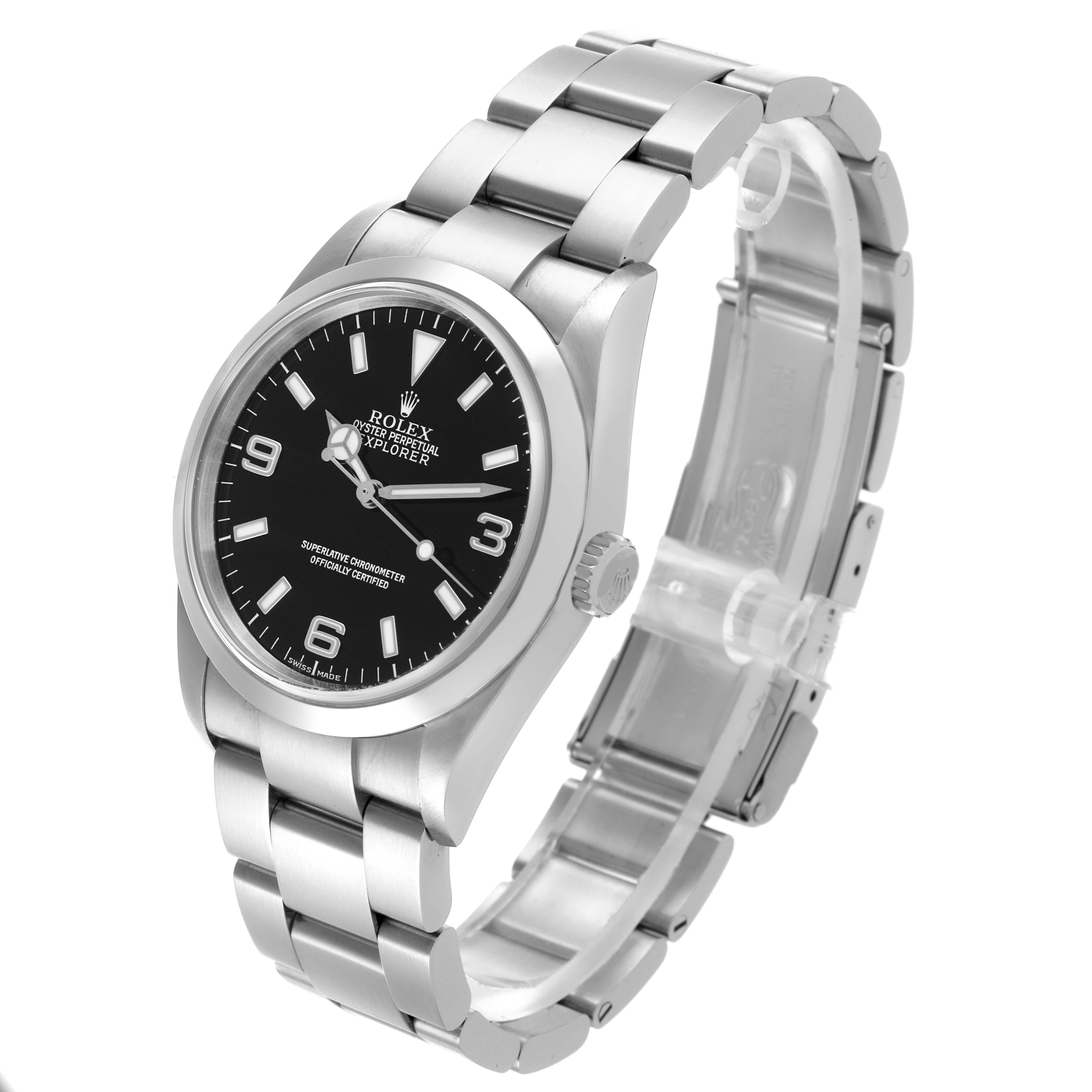 The Rolex Explorer 114270 Men
s Stainless Steel Black Dial 114270 Men
s Stainless Steel Black Dial watch is shown at a slight angle, displaying its face, case, bracelet, and crown.