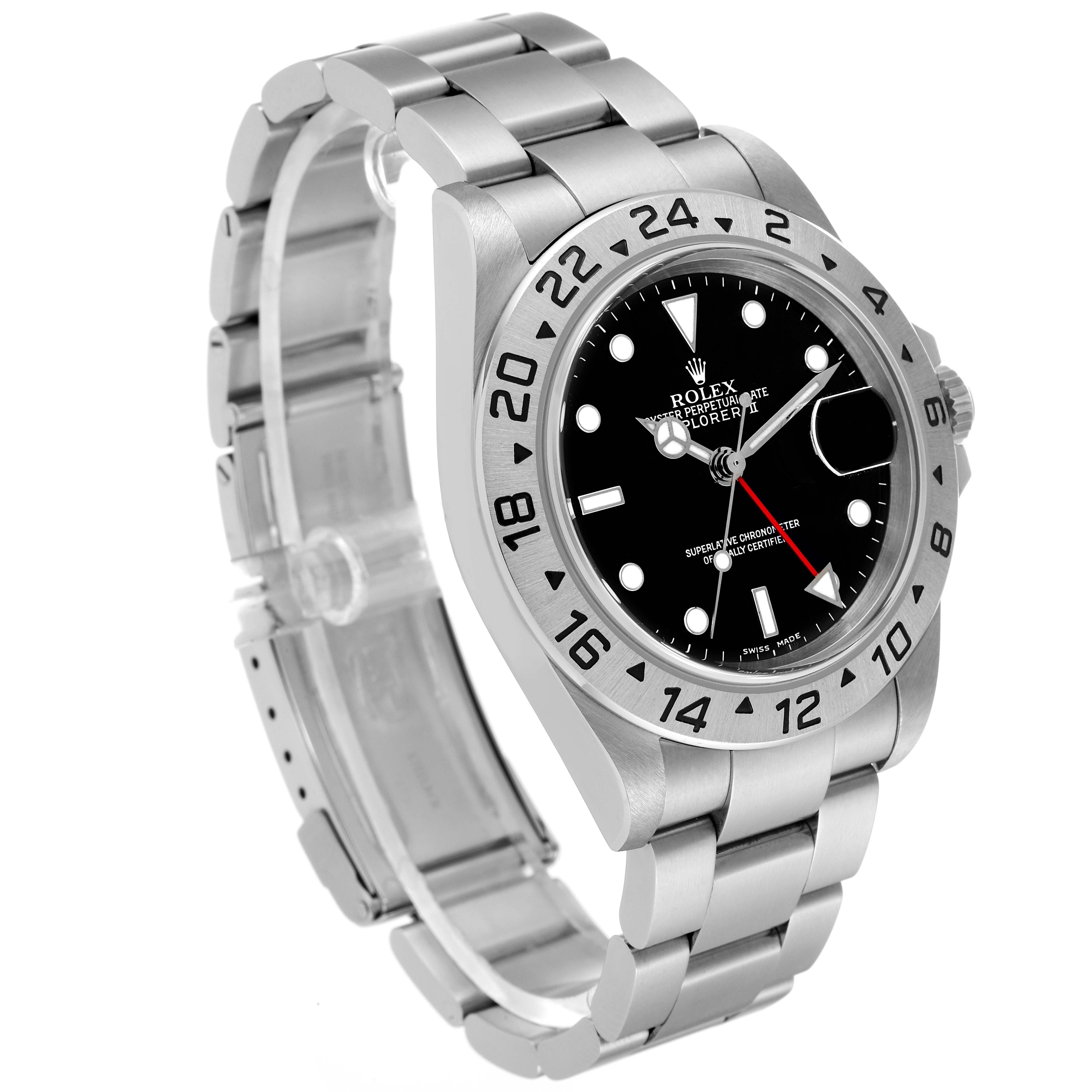 This Rolex Explorer 16570 Men's Stainless Steel Black Dial 16570 Men's Stainless Steel Black Dial model watch is shown at a slight angle, displaying the face, bezel, crown, and bracelet.