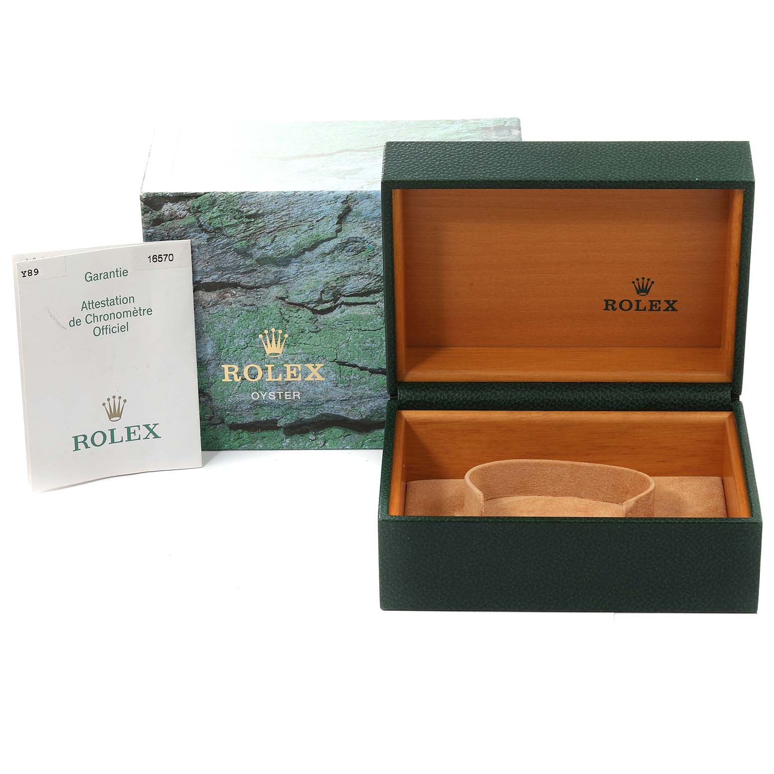 The image shows the Rolex Explorer 16570 Men's Stainless Steel Black Dial 16570 Men's Stainless Steel Black Dial watch box, outer box, and warranty booklet from a front angle.