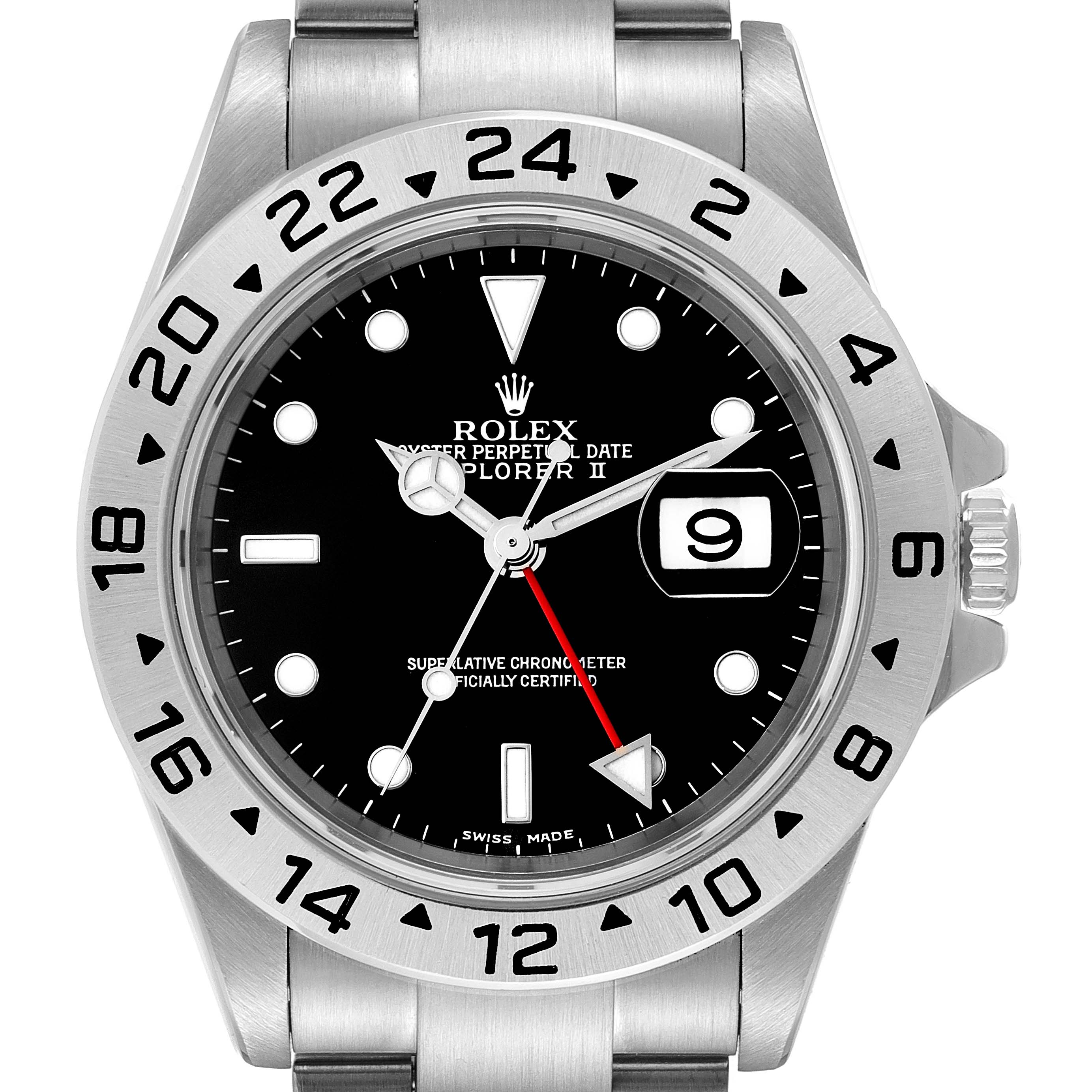 The image shows a Rolex Explorer 16570 Men's Stainless Steel Black Dial 16570 Men's Stainless Steel Black Dial watch face with hands, markers, bezel, date window, and part of the bracelet in a frontal view.