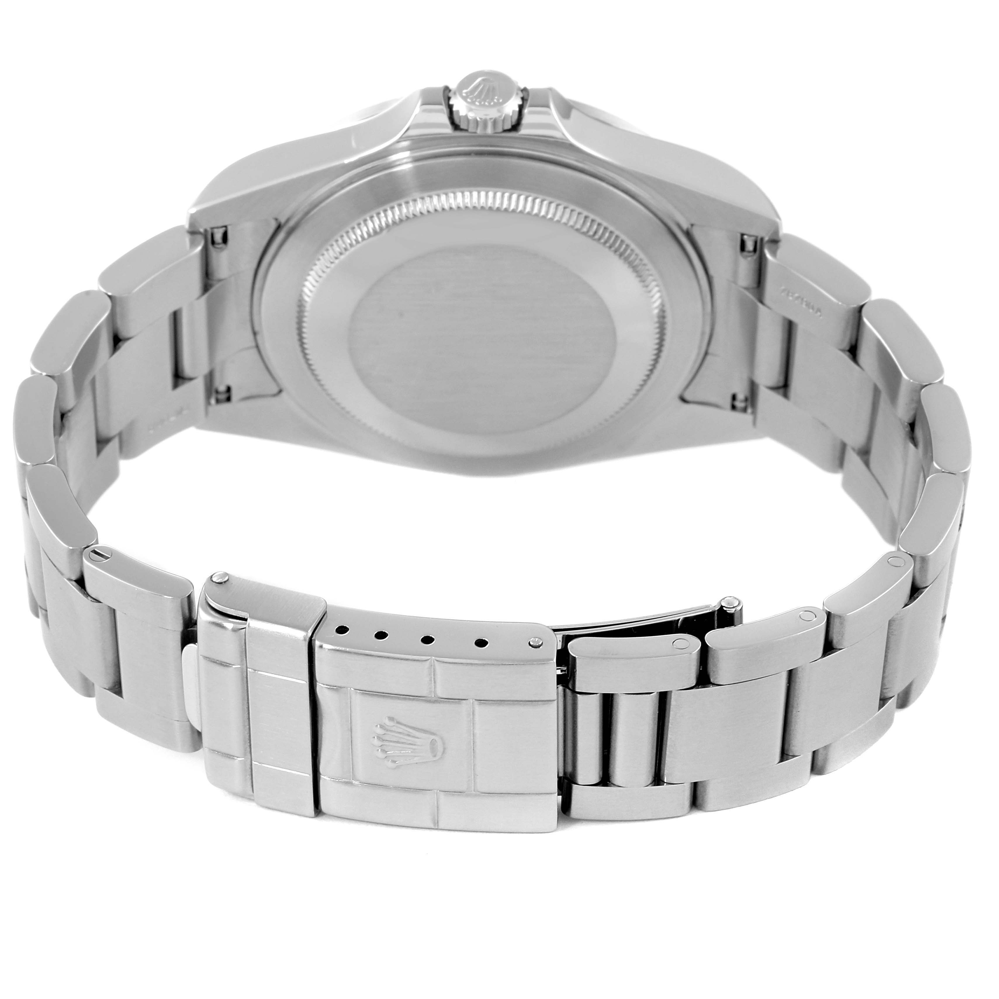 The image shows the back side of a Rolex Explorer 16570 Men's Stainless Steel Black Dial 16570 Men's Stainless Steel Black Dial watch, including the case back, bracelet, and clasp.