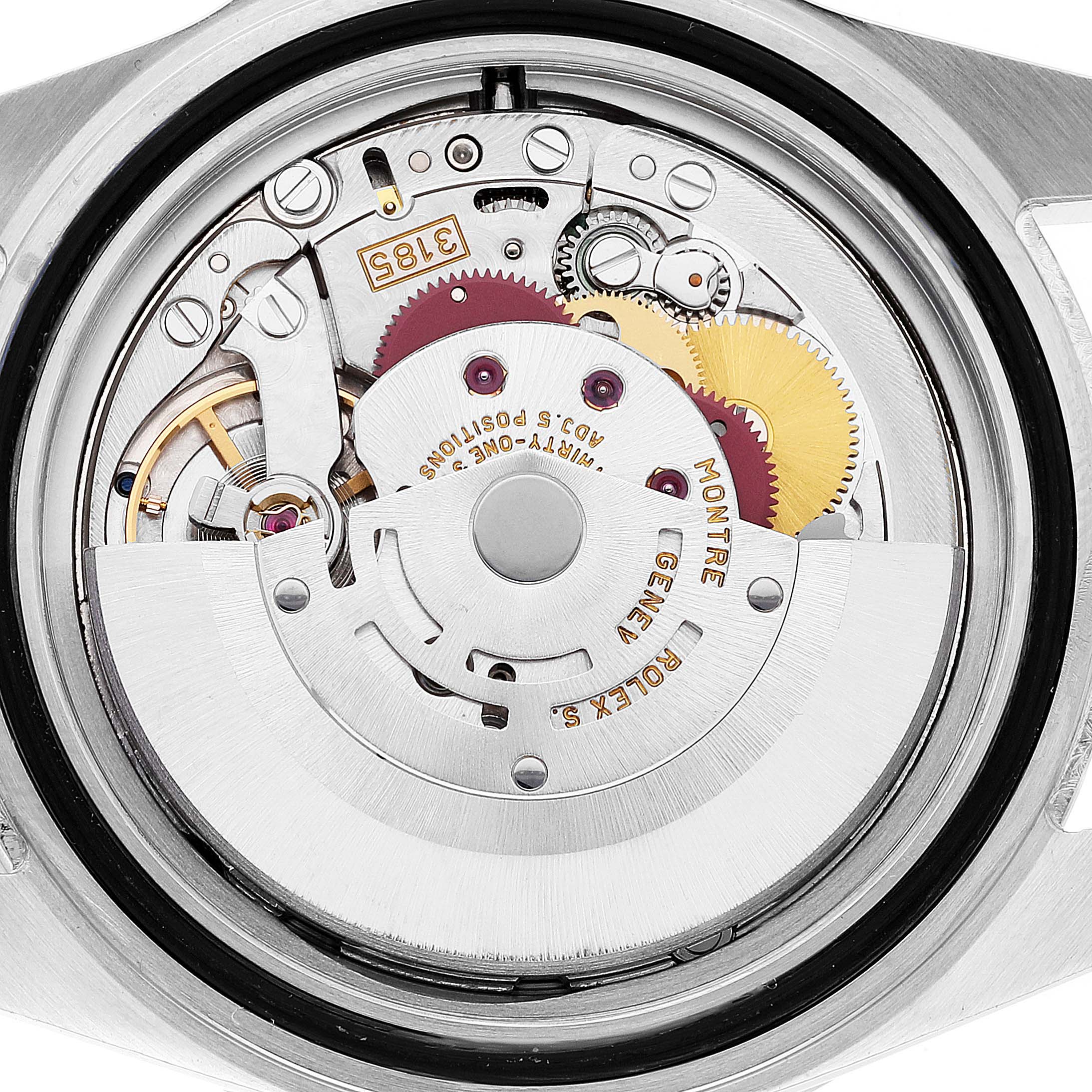 The image shows the internal mechanism of the Rolex Explorer 16570 Men's Stainless Steel Black Dial 16570 Men's Stainless Steel Black Dial watch from a back angle.