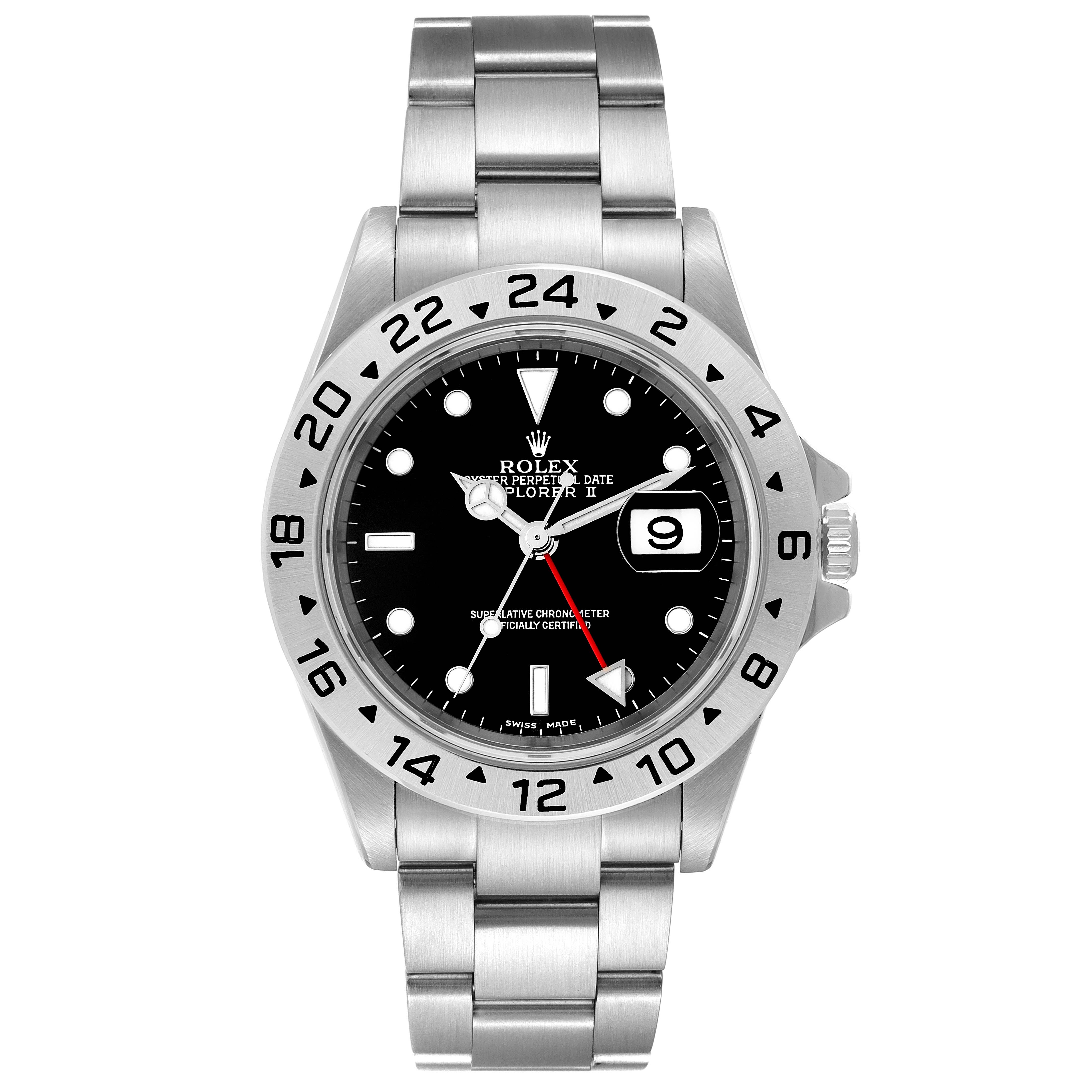 The Rolex Explorer 16570 Men's Stainless Steel Black Dial 16570 Men's Stainless Steel Black Dial watch is shown from a front angle, displaying the face, bezel, crown, and full bracelet.