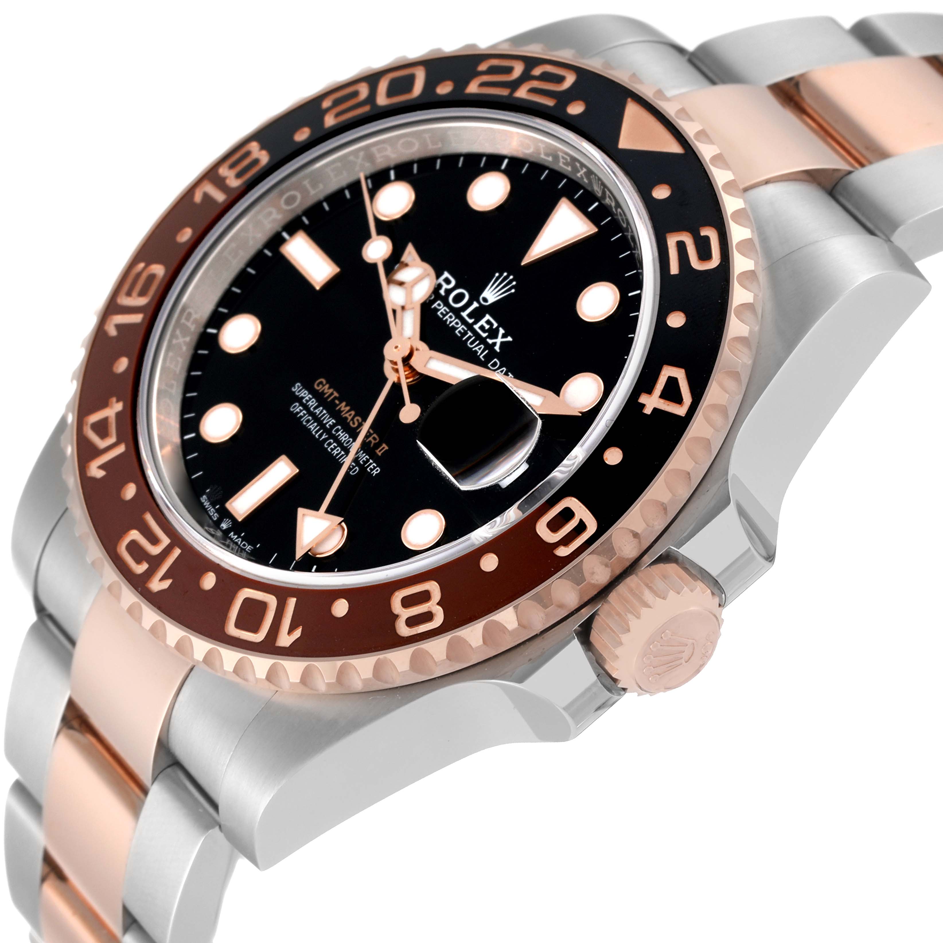 The image shows a close-up side angle of a Rolex GMT-Master 126711CHNR Men's Steel and Gold (two tone) Black Dial 126711CHNR Men's Steel and Gold (two tone) Black Dial watch, highlighting the bezel, dial, crown, and part of the bracelet.