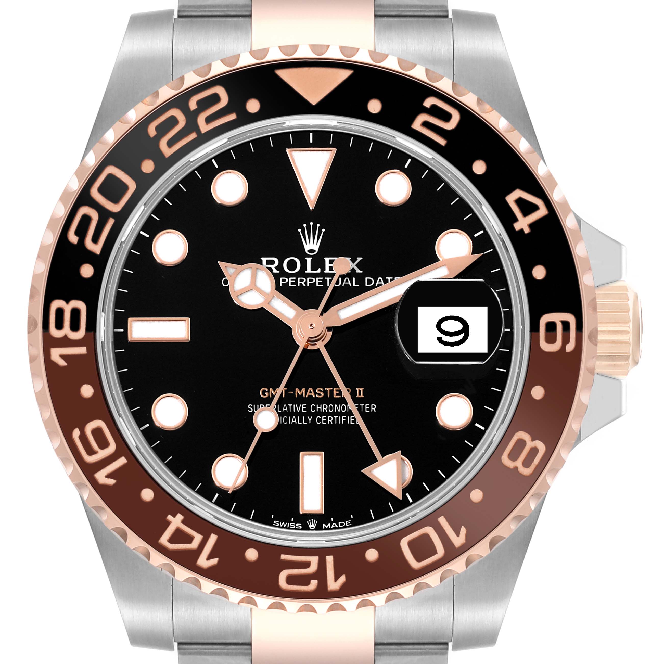 This image shows a front view of a Rolex GMT-Master 126711CHNR Men's Steel and Gold (two tone) Black Dial 126711CHNR Men's Steel and Gold (two tone) Black Dial II watch, highlighting the dial, bezel, hands, and crown.