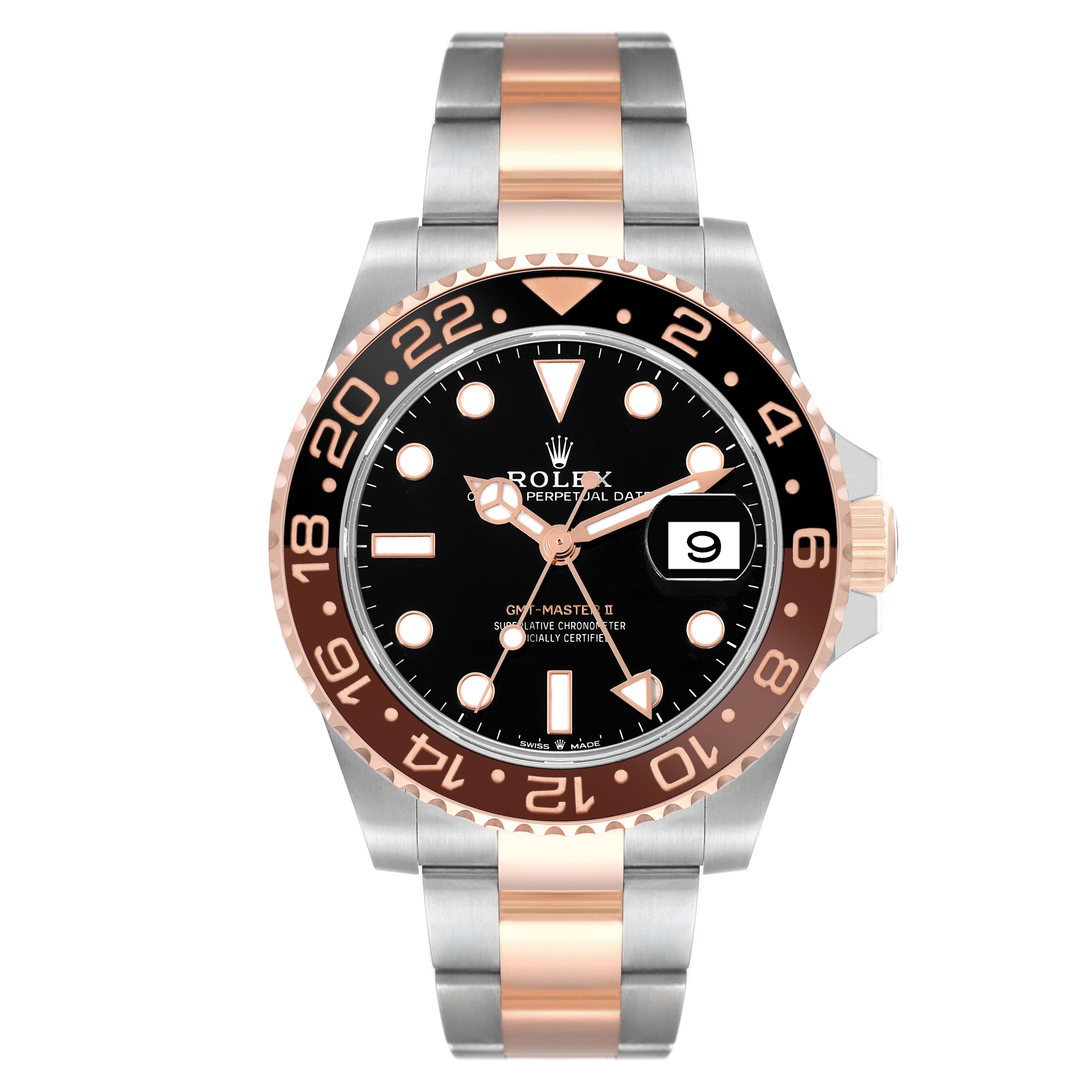 The image shows the Rolex GMT-Master 126711CHNR Men's Steel and Gold (two tone) Black Dial 126711CHNR Men's Steel and Gold (two tone) Black Dial II watch from the front, highlighting the bezel, dial, hands, and bracelet.