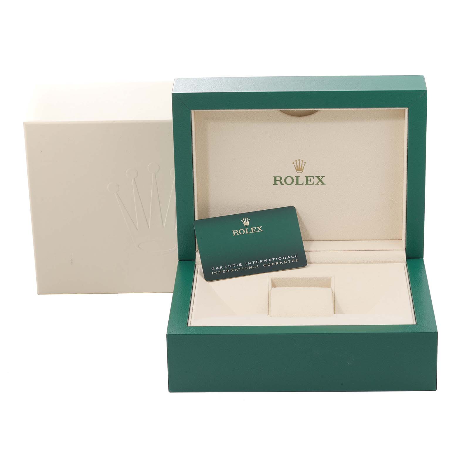 The image shows a Rolex GMT-Master 126711CHNR Men's Steel and Gold (two tone) Black Dial 126711CHNR Men's Steel and Gold (two tone) Black Dial watch box open, displaying the inner packaging and a warranty card.