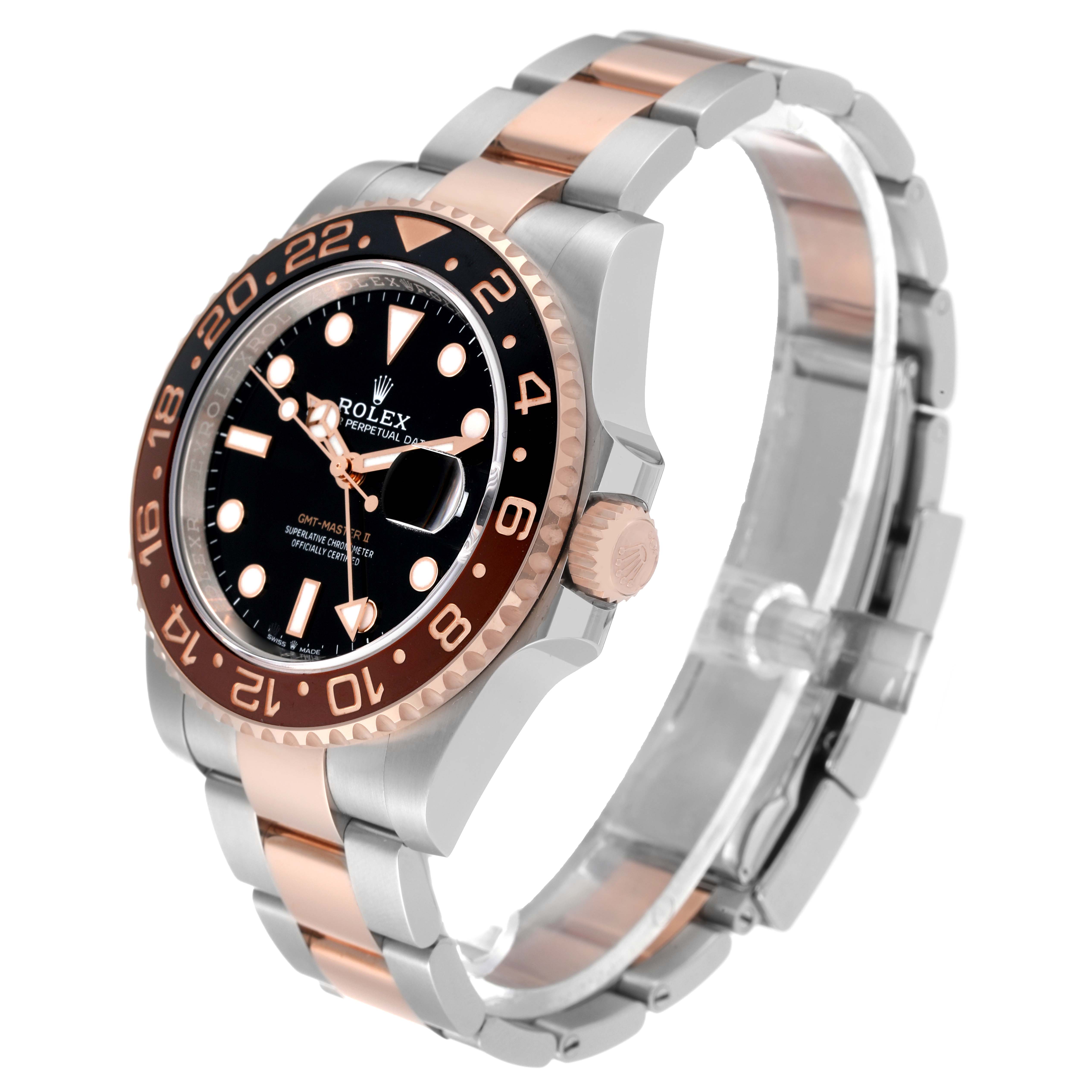 The image shows a side-front angle of the Rolex GMT-Master 126711CHNR Men's Steel and Gold (two tone) Black Dial 126711CHNR Men's Steel and Gold (two tone) Black Dial watch, highlighting the bezel, dial, and bracelet.