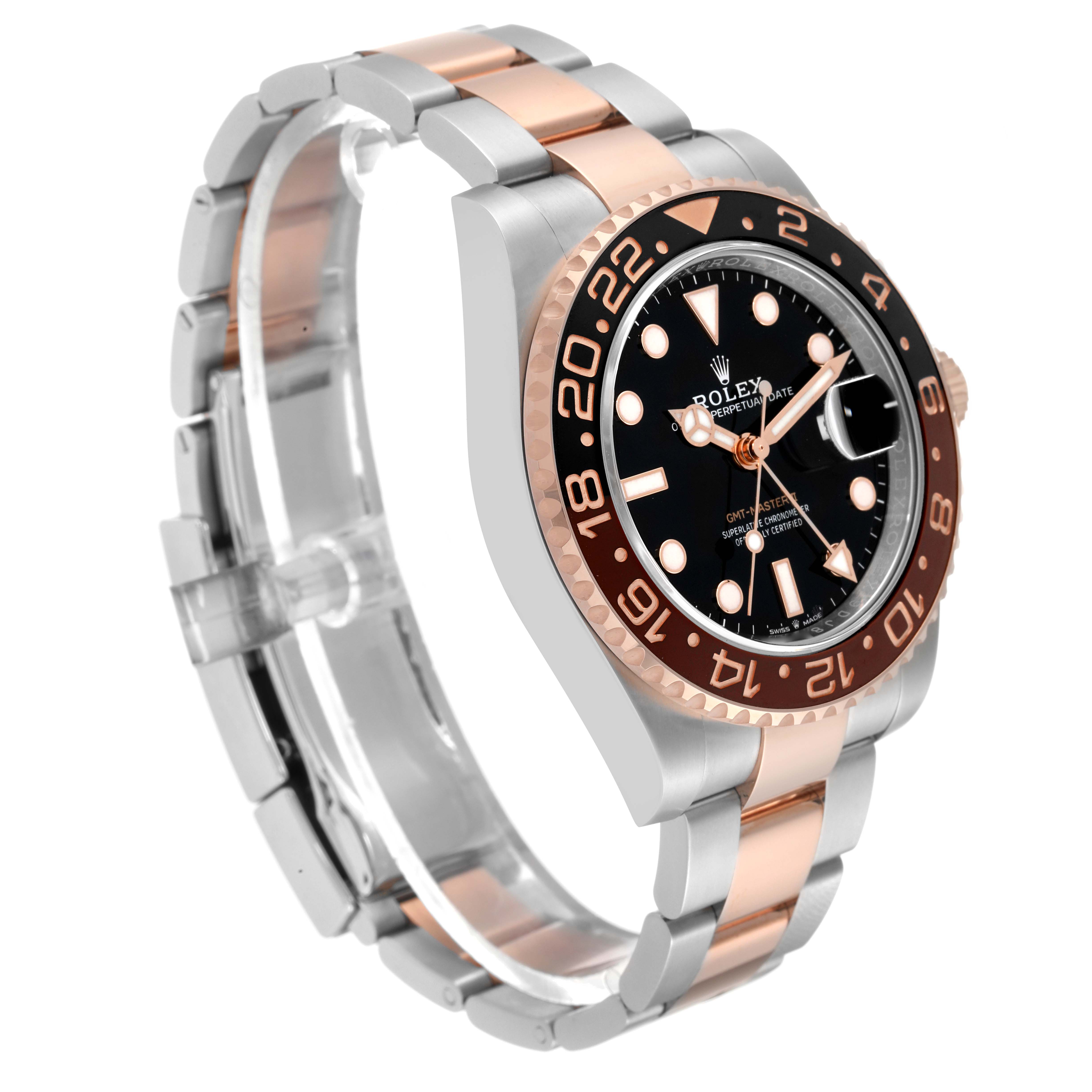The image shows a Rolex GMT-Master 126711CHNR Men's Steel and Gold (two tone) Black Dial 126711CHNR Men's Steel and Gold (two tone) Black Dial watch from an oblique angle, featuring its bezel, dial, and bracelet.
