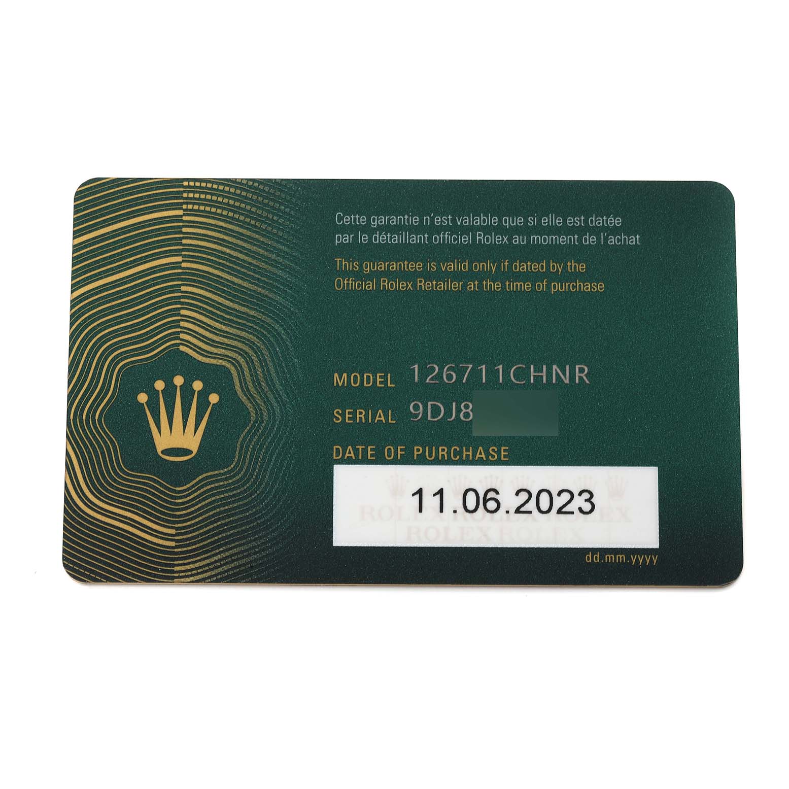 This image shows the warranty card for a Rolex GMT-Master 126711CHNR Men's Steel and Gold (two tone) Black Dial 126711CHNR Men's Steel and Gold (two tone) Black Dial model 126711CHNR with purchase date 11.06.2023.