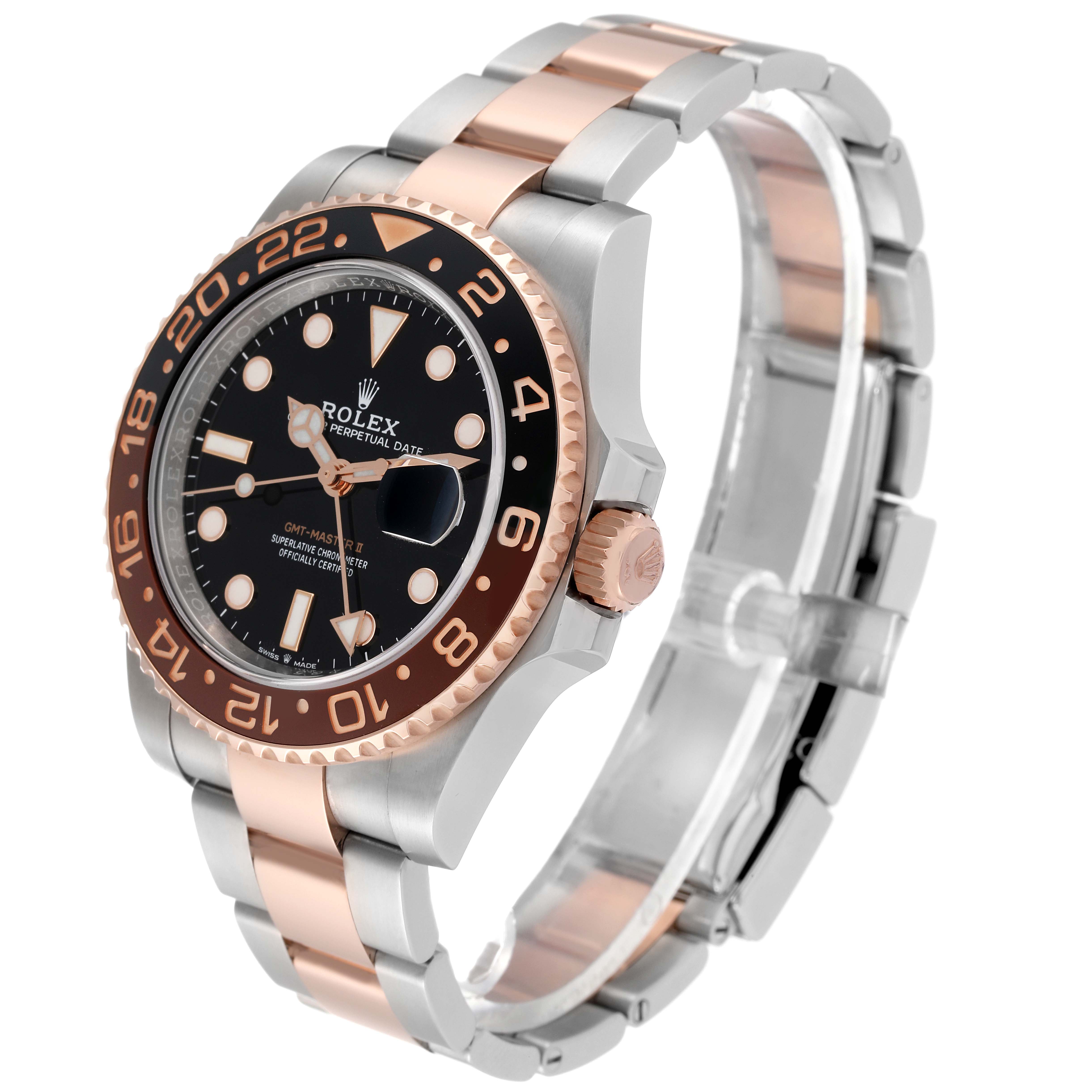 This Rolex GMT-Master 126711CHNR Men's Steel and Gold (two tone) Black Dial 126711CHNR Men's Steel and Gold (two tone) Black Dial watch is shown at an angled frontal view, highlighting its dial, bezel, and bracelet.