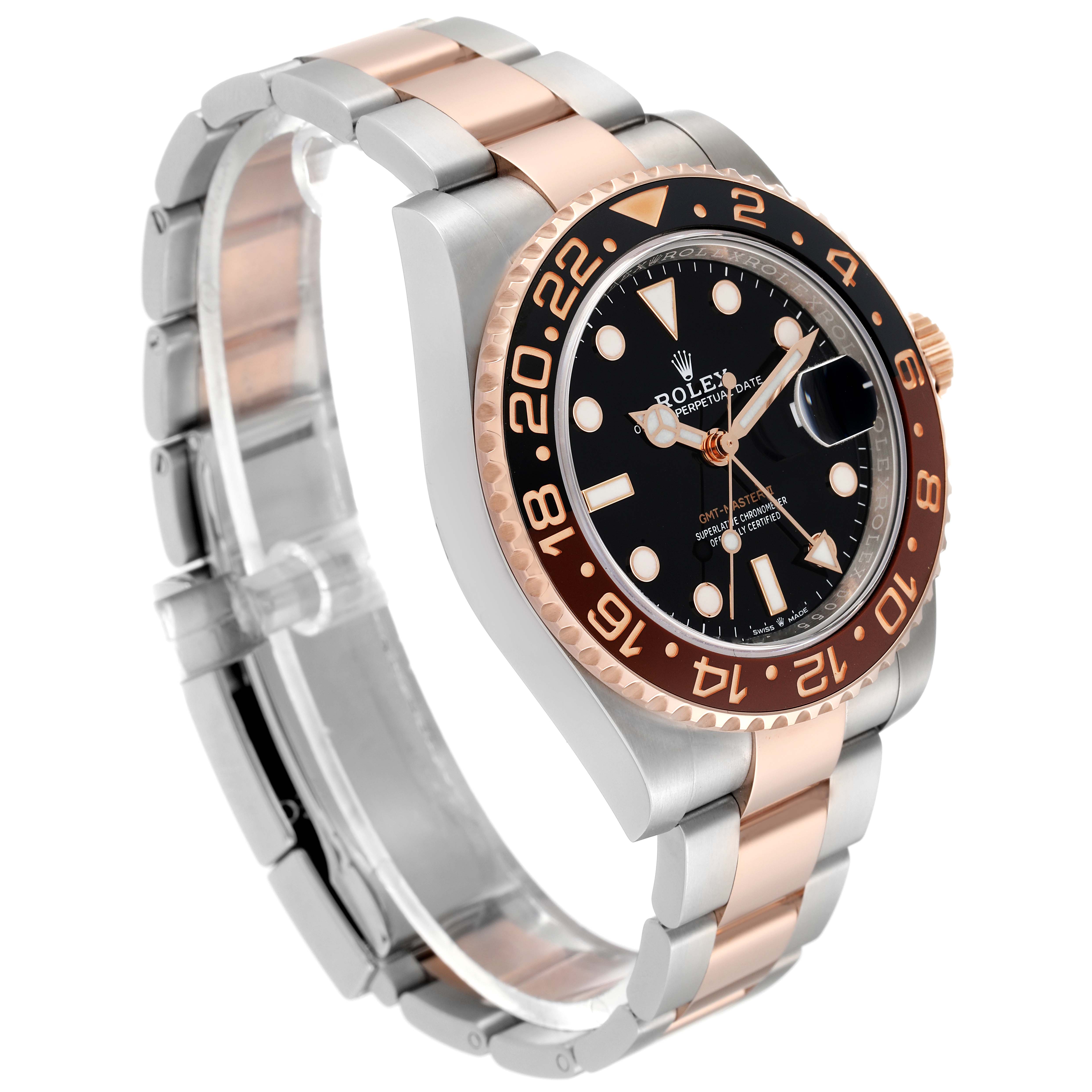 The image shows a Rolex GMT-Master 126711CHNR Men's Steel and Gold (two tone) Black Dial 126711CHNR Men's Steel and Gold (two tone) Black Dial watch at a three-quarter angle, highlighting its face, bezel, and two-tone bracelet.