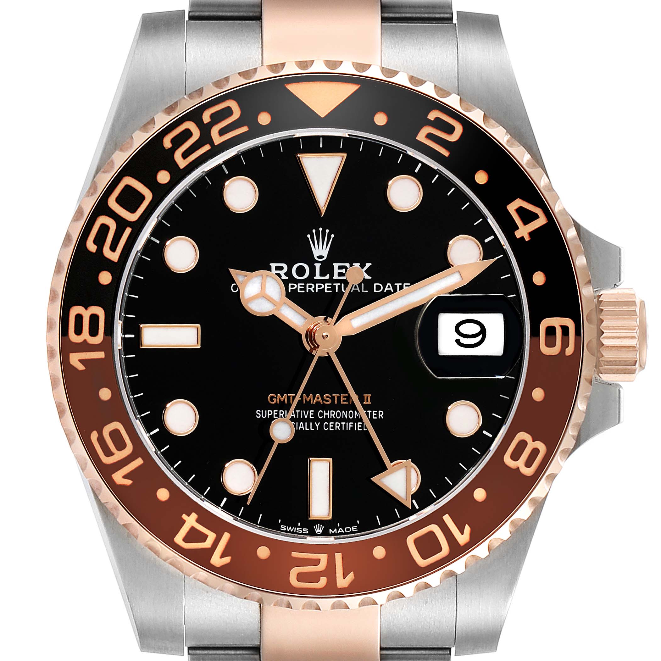 The image shows a front view of the Rolex GMT-Master 126711CHNR Men's Steel and Gold (two tone) Black Dial 126711CHNR Men's Steel and Gold (two tone) Black Dial II watch, highlighting the face, bezel, and part of the bracelet.