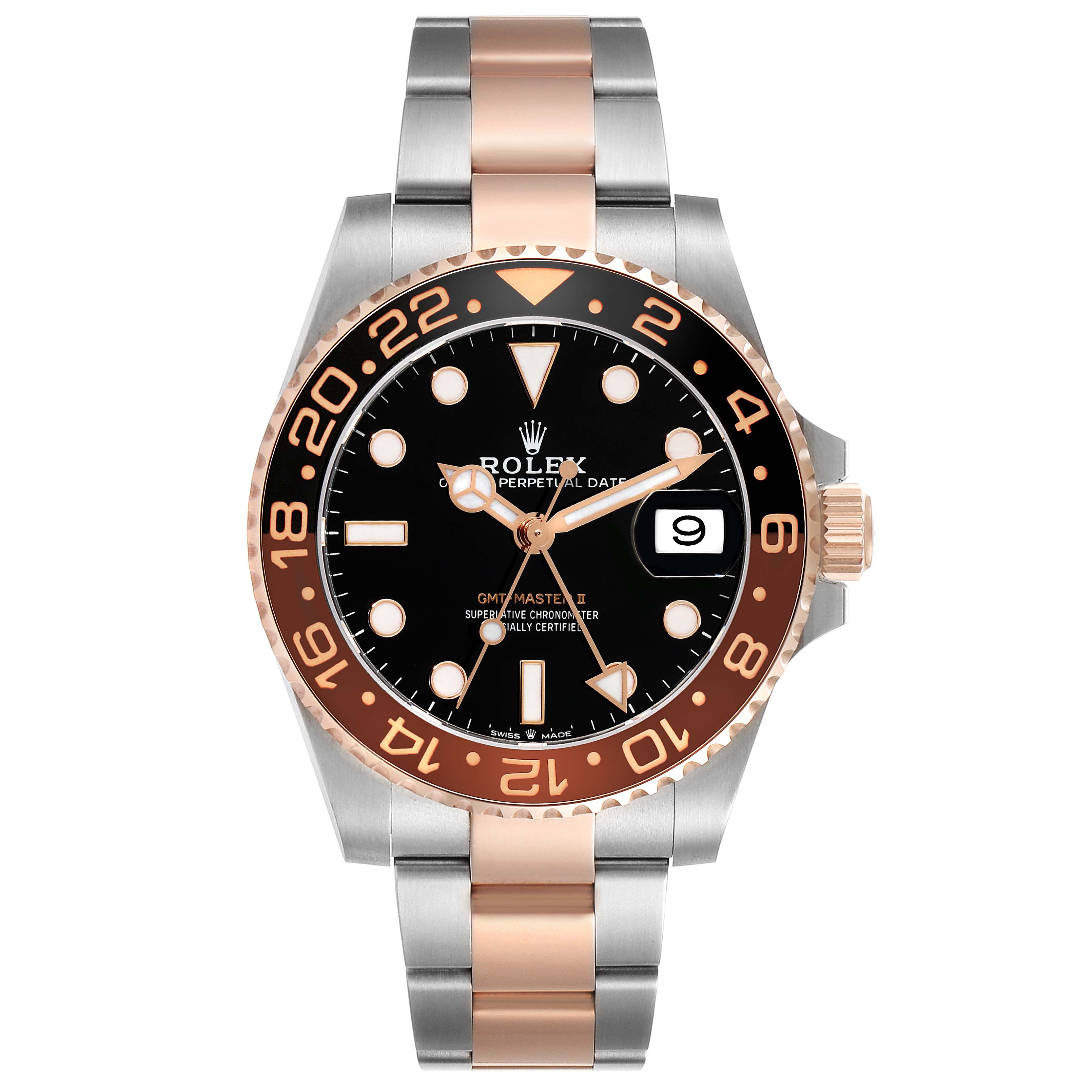 This image shows a frontal view of the Rolex GMT-Master 126711CHNR Men's Steel and Gold (two tone) Black Dial 126711CHNR Men's Steel and Gold (two tone) Black Dial II watch, highlighting its face, bezel, and two-tone bracelet.