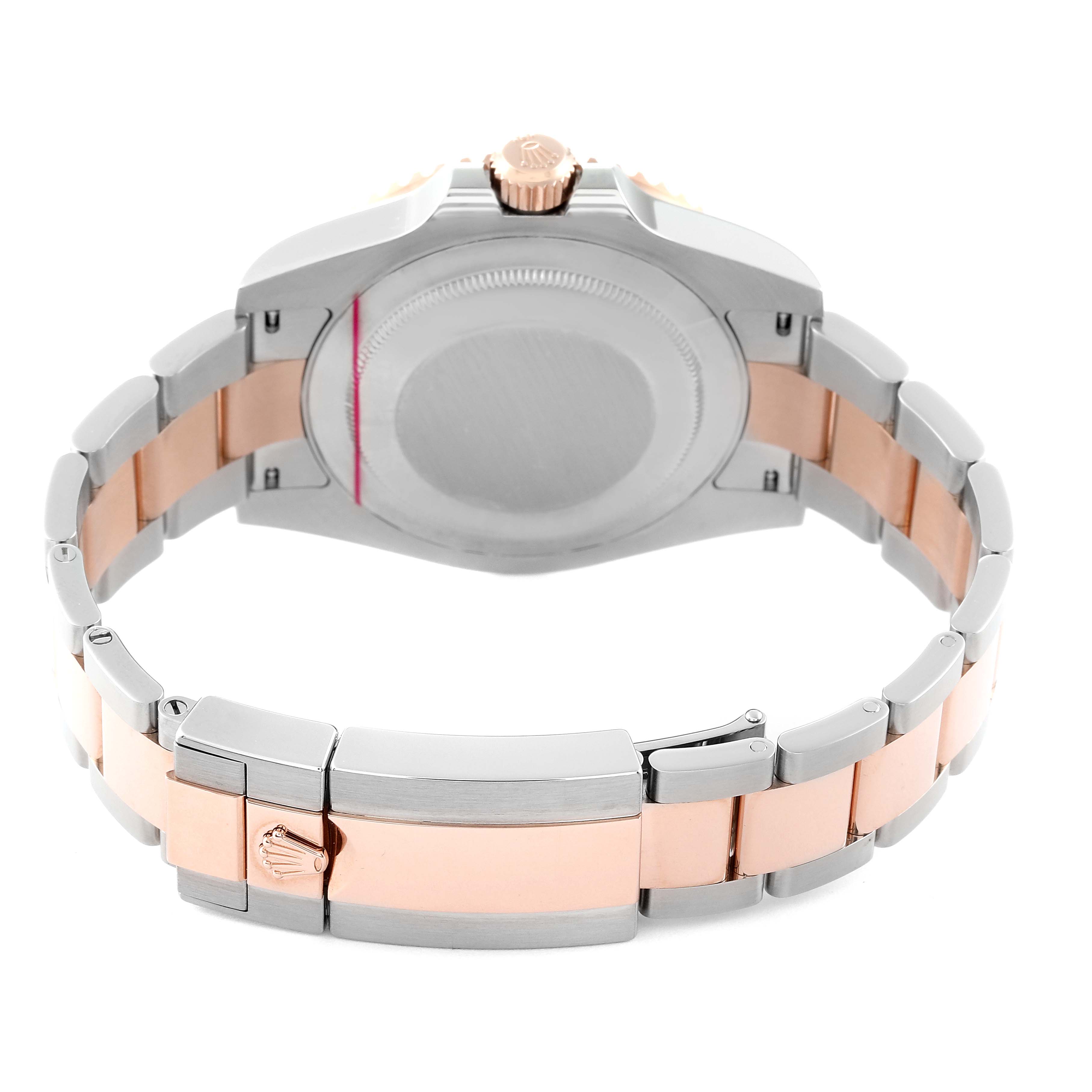 This image shows the back and bracelet of the Rolex GMT-Master 126711CHNR Men's Steel and Gold (two tone) Black Dial 126711CHNR Men's Steel and Gold (two tone) Black Dial watch, highlighting its two-tone metal design and clasp.