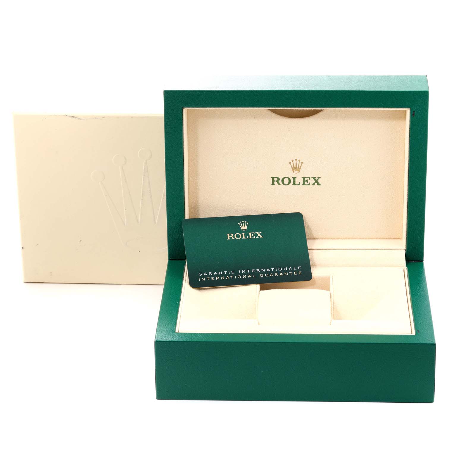 The image shows the open packaging for a Rolex GMT-Master 126711CHNR Men's Steel and Gold (two tone) Black Dial 126711CHNR Men's Steel and Gold (two tone) Black Dial, including a green watch box and an international guarantee card.