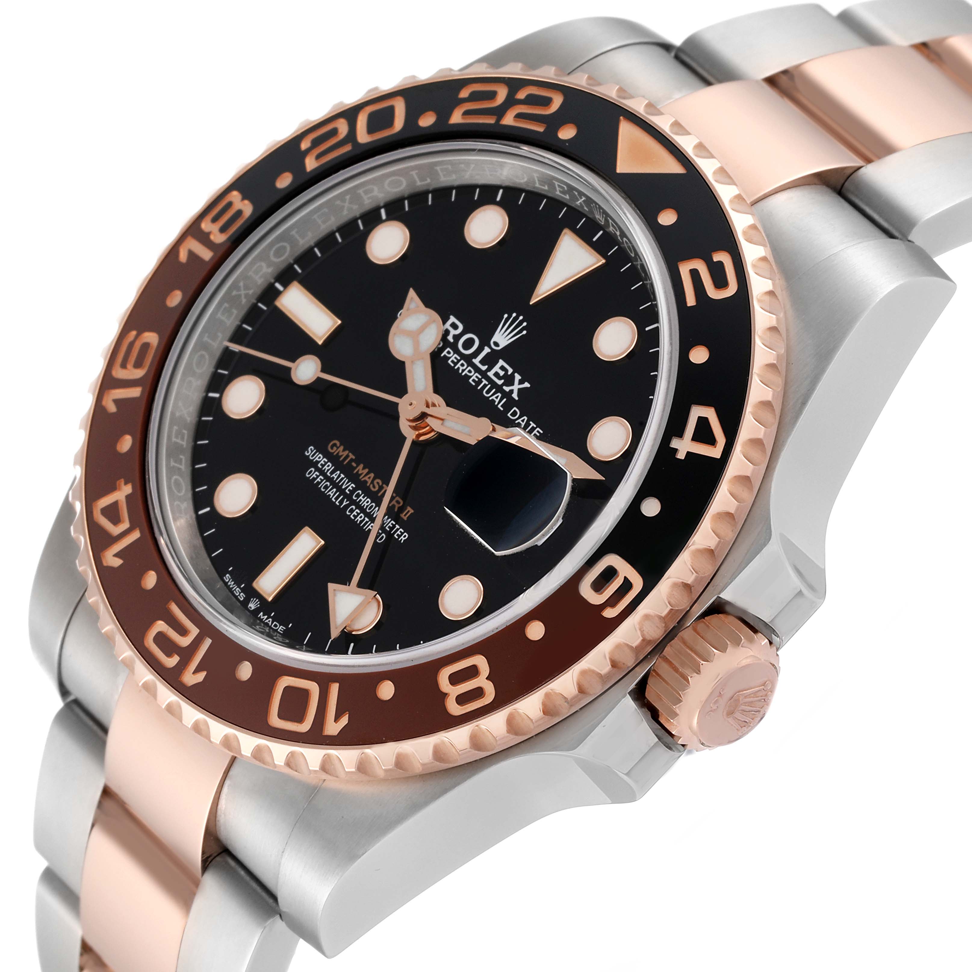 This image shows a close-up side angle of the Rolex GMT-Master 126711CHNR Men's Steel and Gold (two tone) Black Dial 126711CHNR Men's Steel and Gold (two tone) Black Dial II watch, highlighting the bezel, dial, crown, and bracelet.