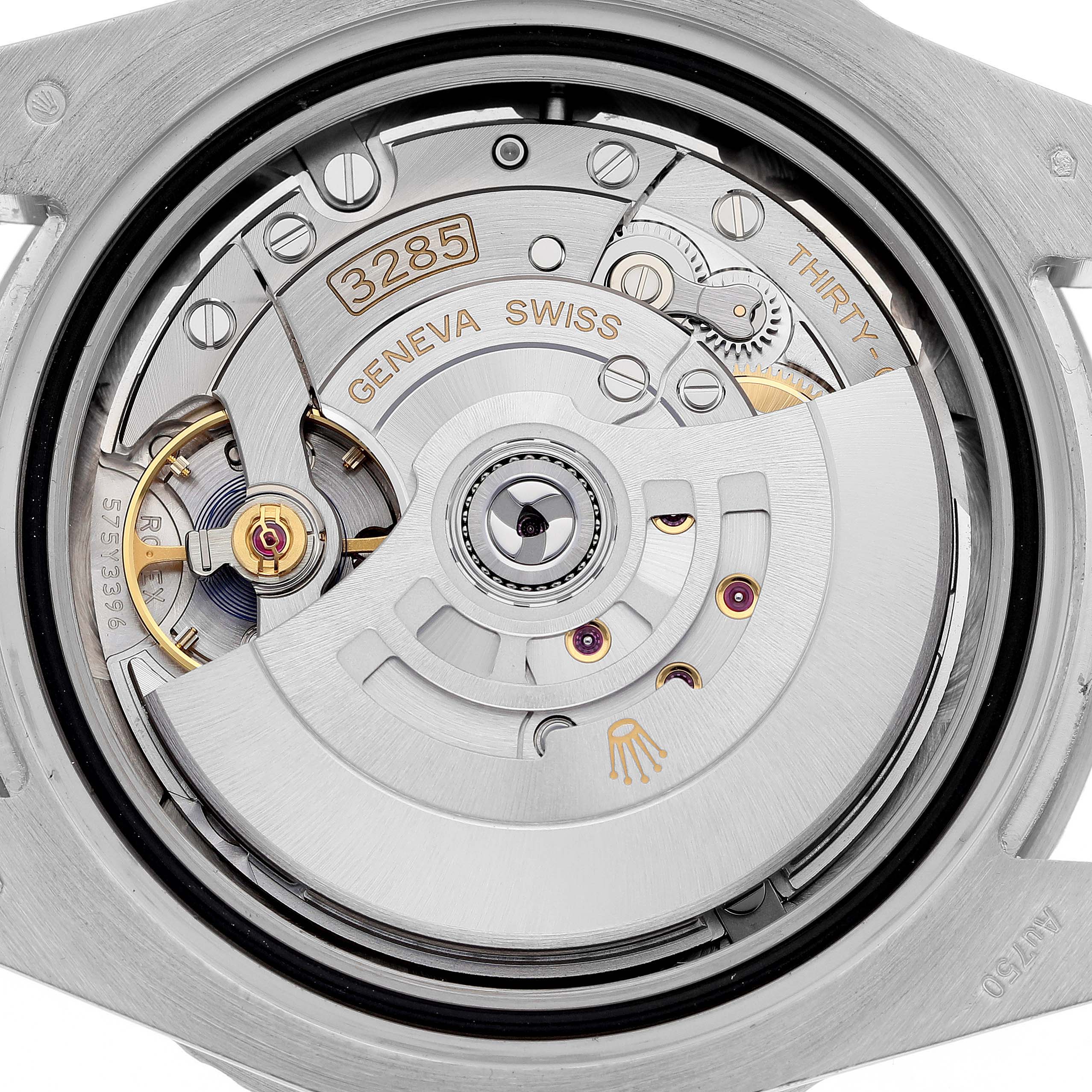 The image shows the internal movement mechanism of a Rolex GMT-Master 126719 Men's White Gold Blue Dial 126719 Men's White Gold Blue Dial, specifically the caliber 3285.