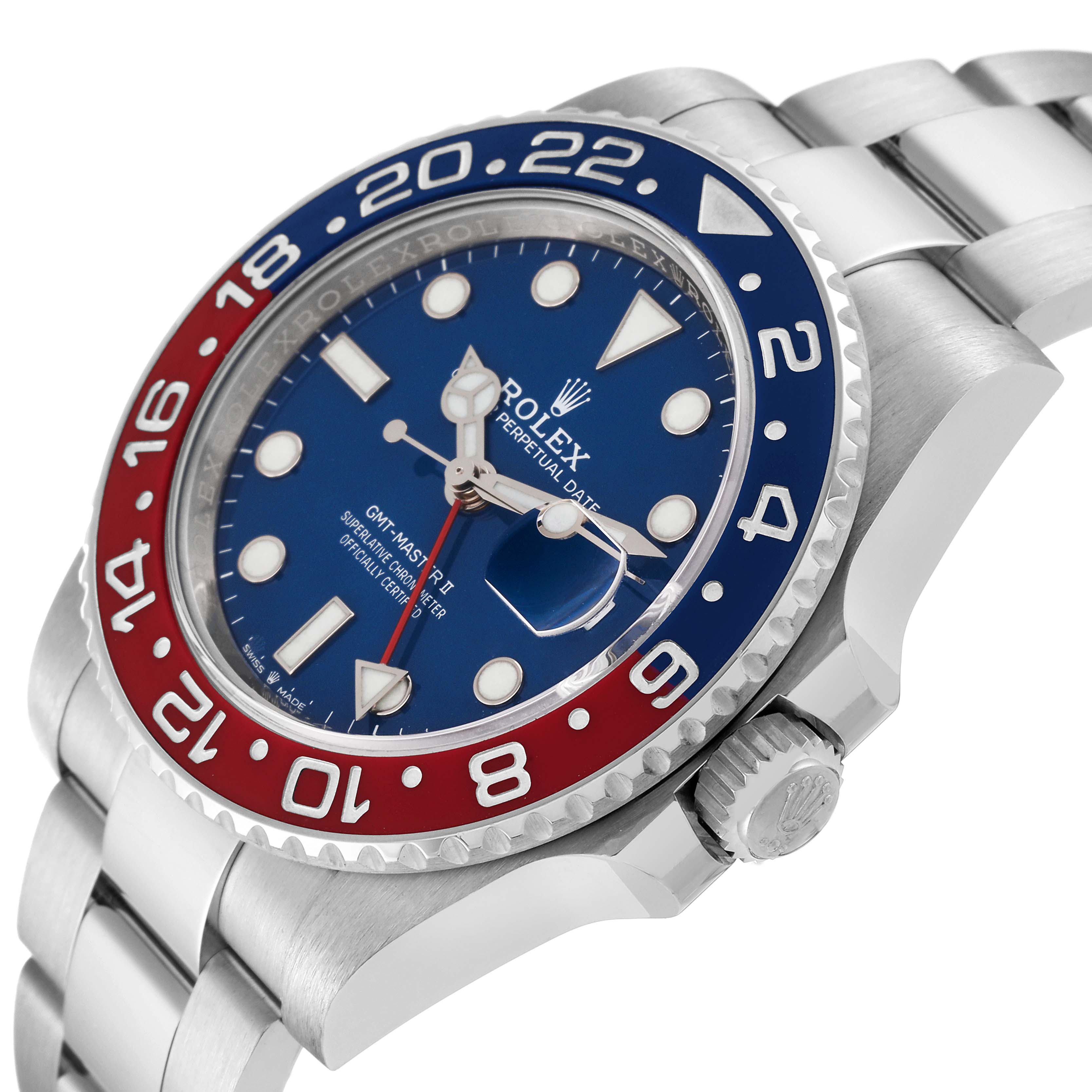 The image shows the face, bezel, crown, and part of the bracelet of a Rolex GMT-Master 126719 Men's White Gold Blue Dial 126719 Men's White Gold Blue Dial II watch at a slight angle.