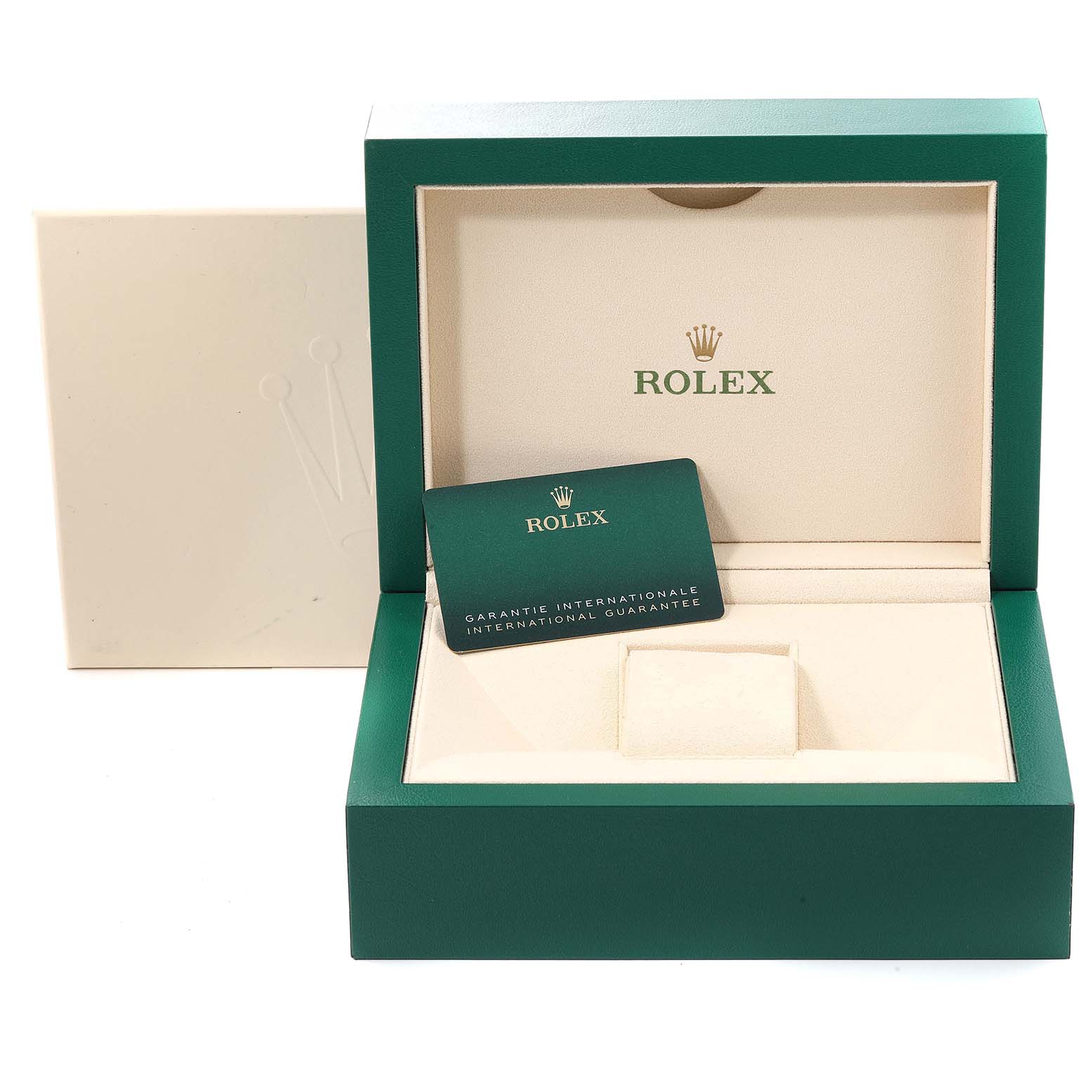 The image shows the packaging box and the international guarantee card of the Rolex GMT-Master 126719 Men's White Gold Blue Dial 126719 Men's White Gold Blue Dial watch.