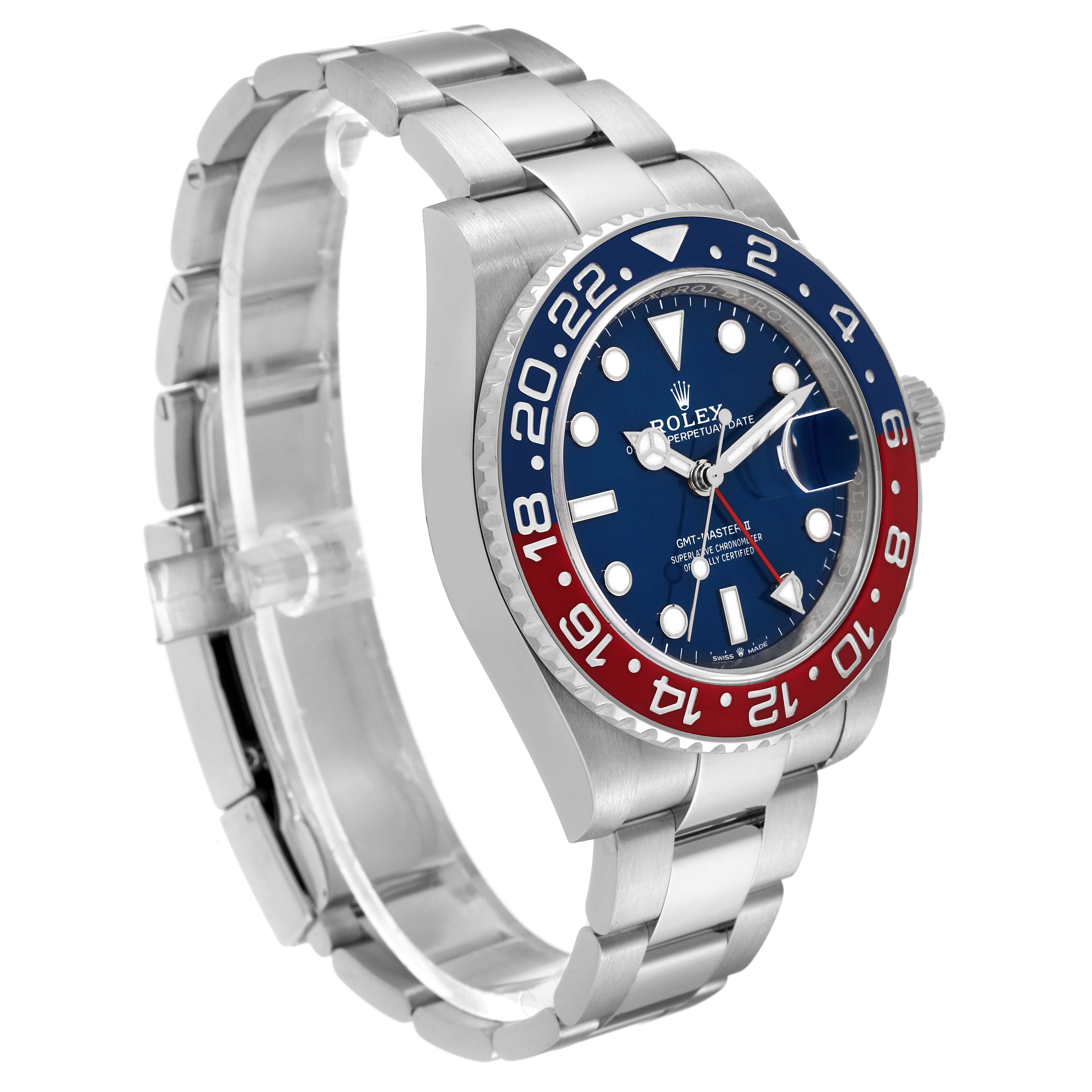 The image shows a side angle of the Rolex GMT-Master 126719 Men's White Gold Blue Dial 126719 Men's White Gold Blue Dial watch featuring the face, bezel, bracelet, and crown.