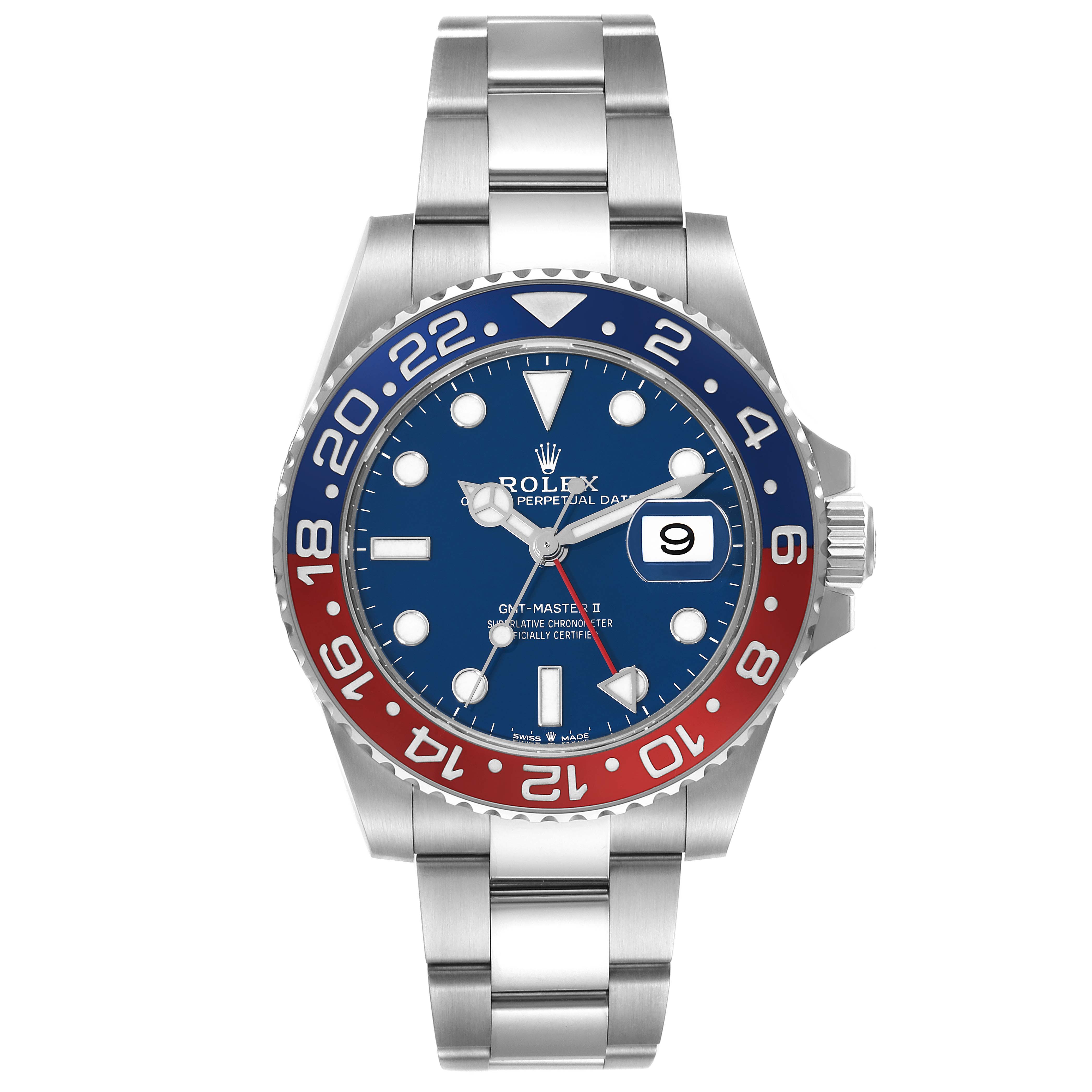 The watch is a Rolex GMT-Master 126719 Men's White Gold Blue Dial 126719 Men's White Gold Blue Dial II, shown from a front angle displaying the dial, bezel, hands, date window, and bracelet.