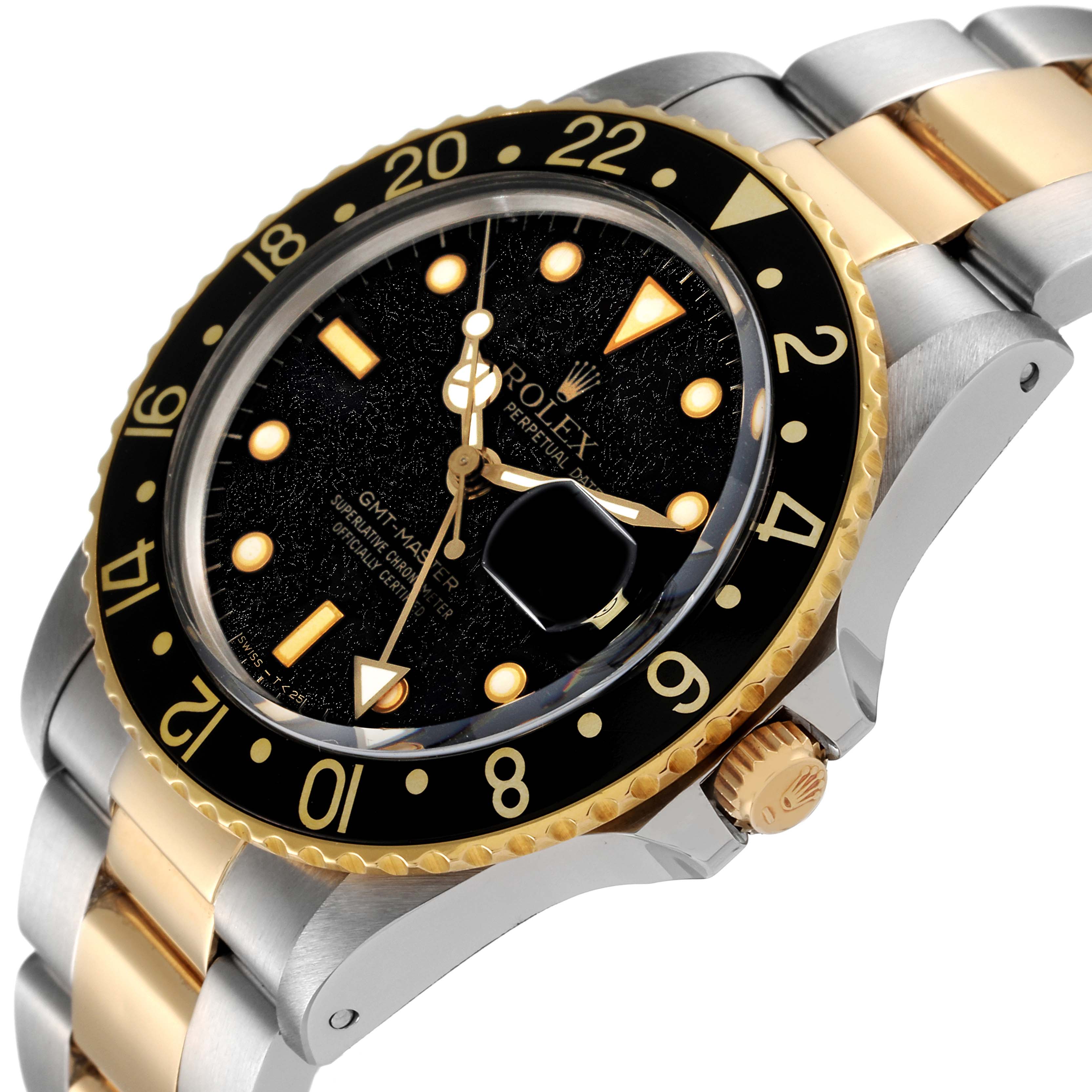The Rolex GMT-Master 16753 Men's Steel and Gold (two tone) Black Dial 16753 Men's Steel and Gold (two tone) Black Dial watch is shown from a side angle, displaying the bezel, dial, crown, and part of the bracelet.