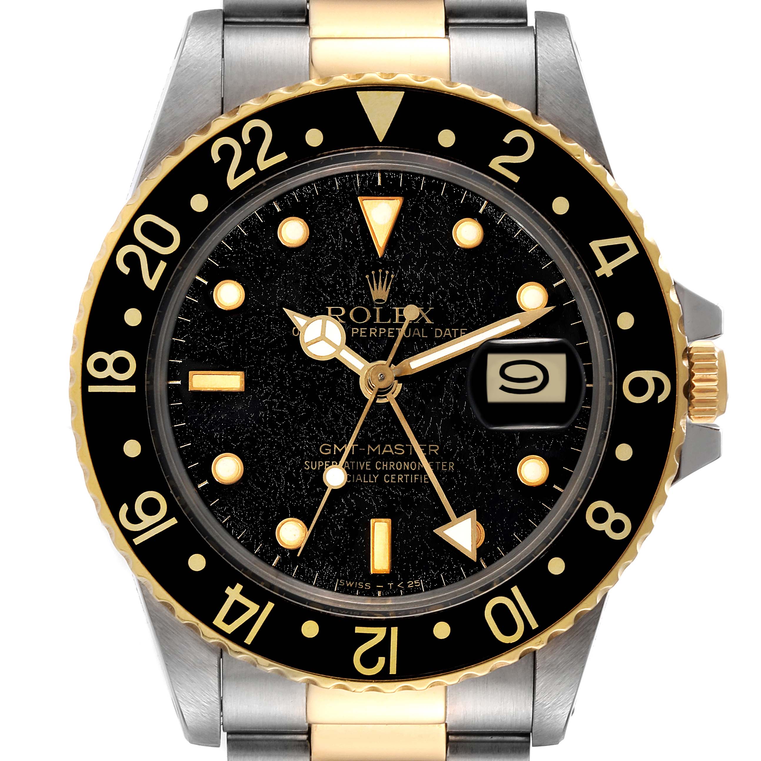 The image shows the front view of a Rolex GMT-Master 16753 Men's Steel and Gold (two tone) Black Dial 16753 Men's Steel and Gold (two tone) Black Dial watch, highlighting its dial, bezel, and part of the bracelet.