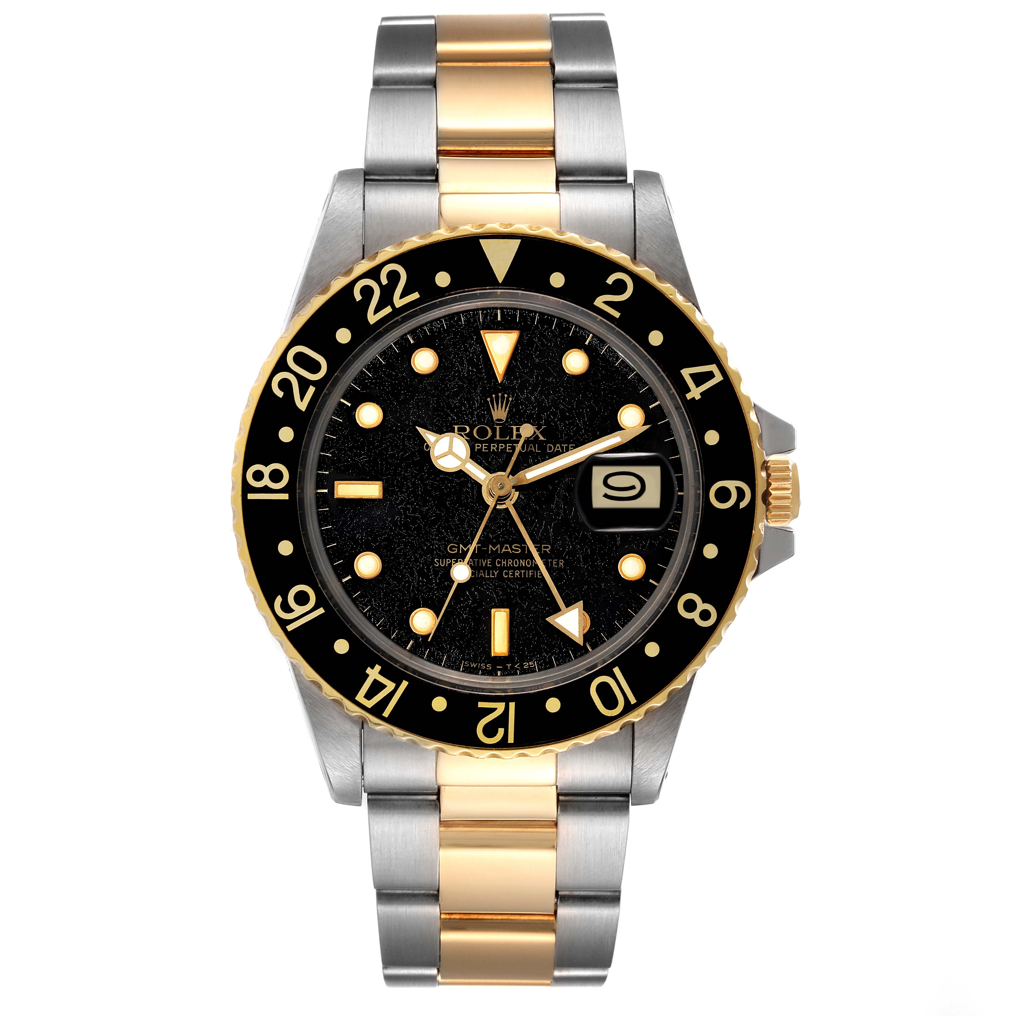 The image shows a front view of a Rolex GMT-Master 16753 Men's Steel and Gold (two tone) Black Dial 16753 Men's Steel and Gold (two tone) Black Dial watch, highlighting its face, bezel, and two-tone metal bracelet.
