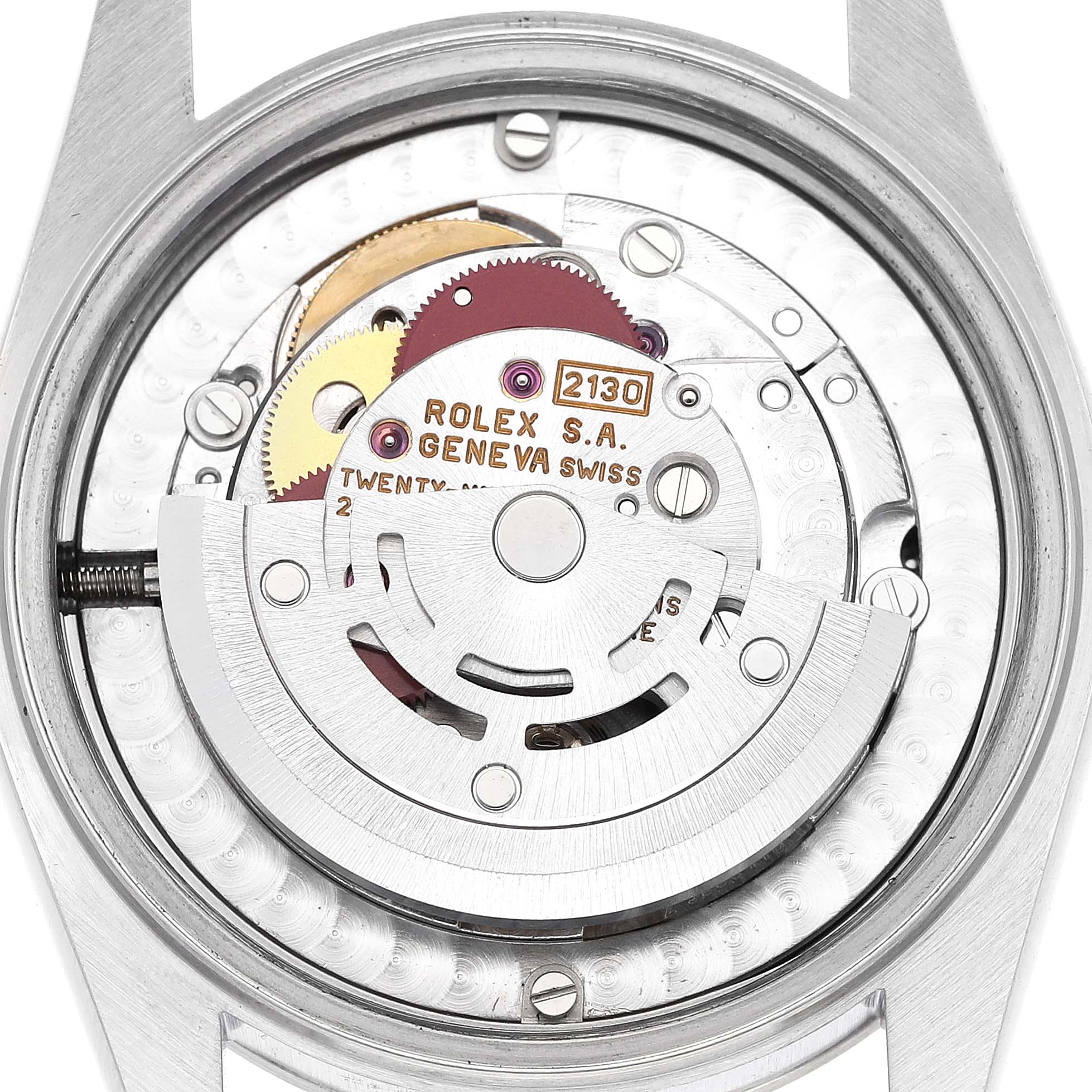 The image shows the internal mechanism of a Mid-Size Rolex watch from a rear view angle.