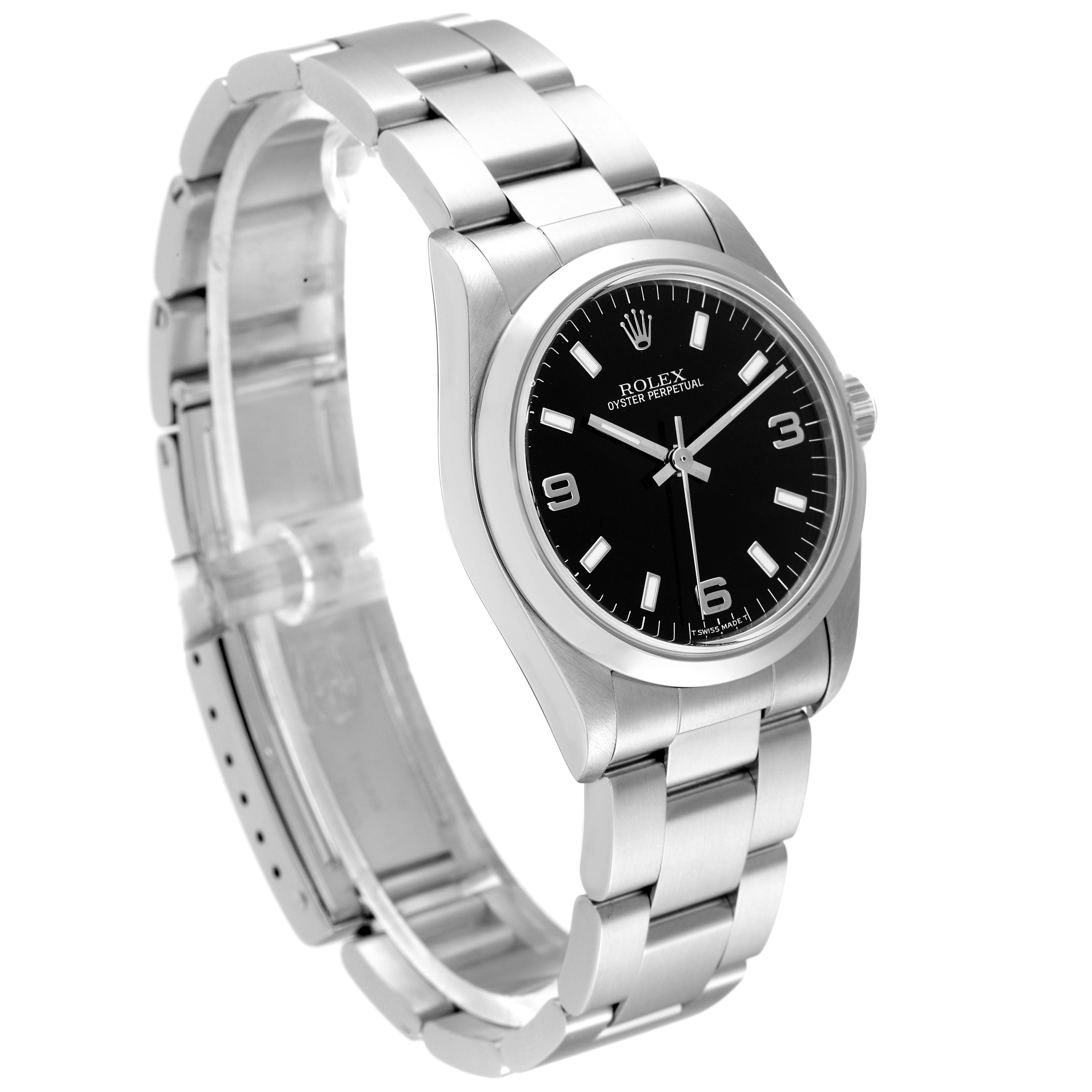 This image shows a Rolex Oyster Perpetual Mid-Size watch angled to display the black dial, crown, case, and stainless steel bracelet.