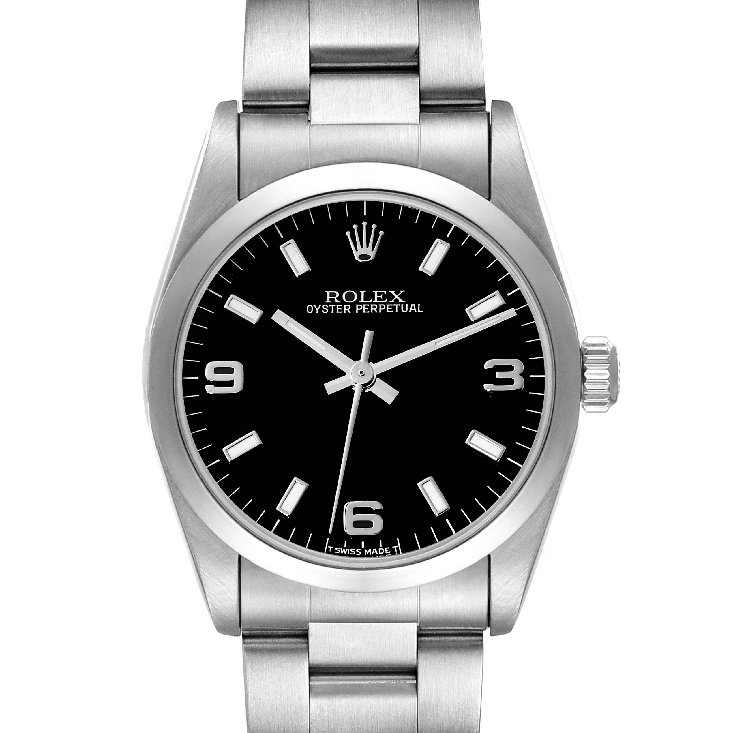 This image shows the front view of a Rolex Oyster Perpetual Mid-Size watch, highlighting its black dial and stainless steel bracelet.