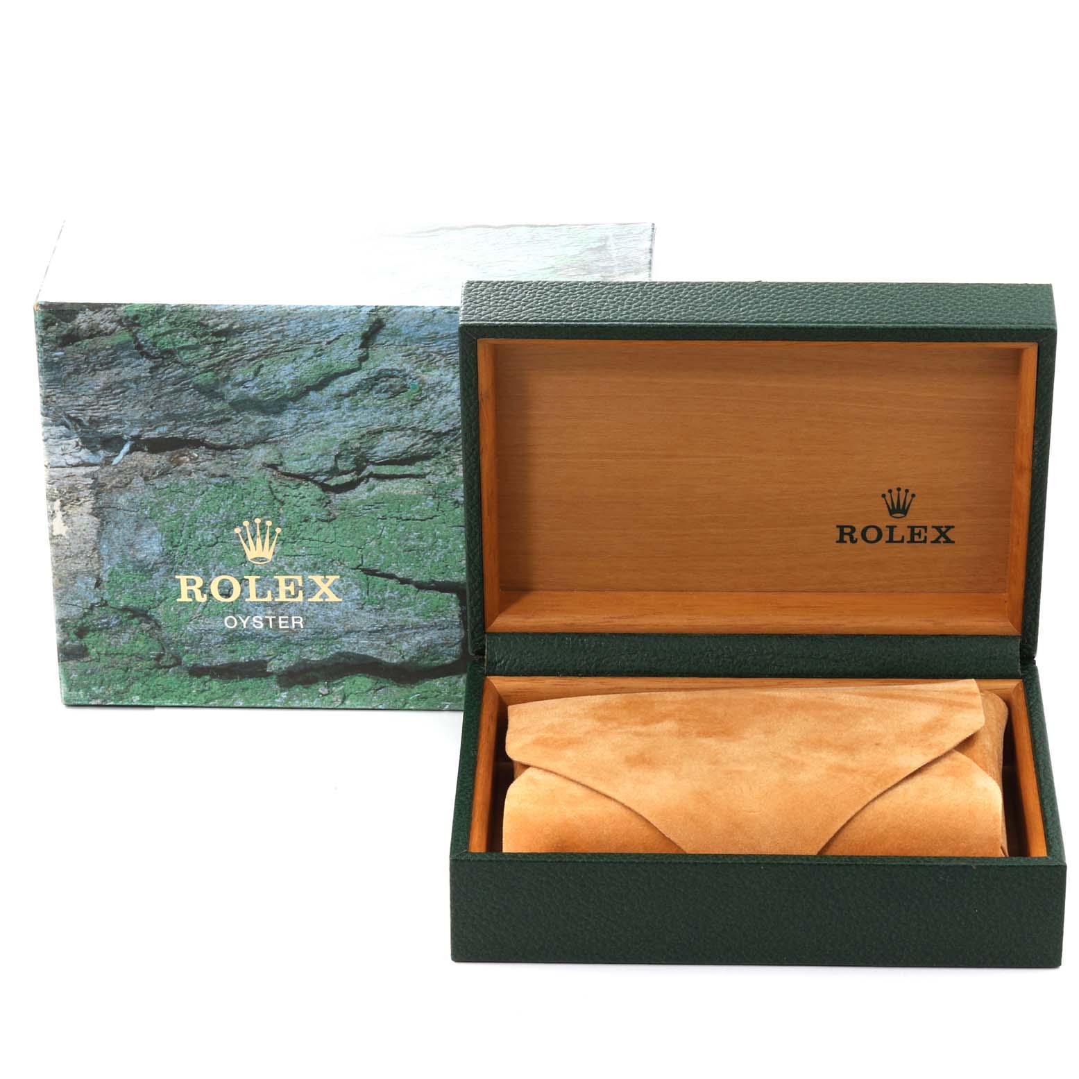 This image shows a Rolex Mid-Size 67480 Women
s Stainless Steel Black Dial 67480 Women
s Stainless Steel Black Dial model
s packaging with an open green and wooden Rolex box and a protective suede pouch inside.