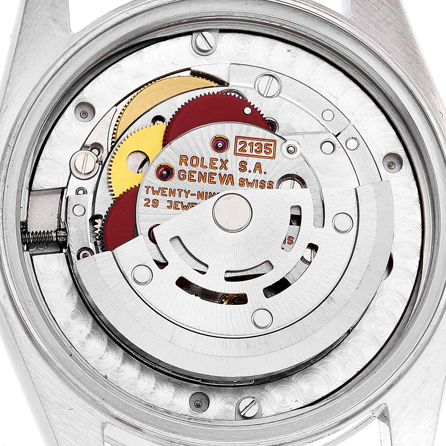 This is an angled view of the interior mechanism of a Rolex Mid-Size 68240 Women
s Stainless Steel Blue Dial 68240 Women
s Stainless Steel Blue Dial model watch, showing its gears and movement components.