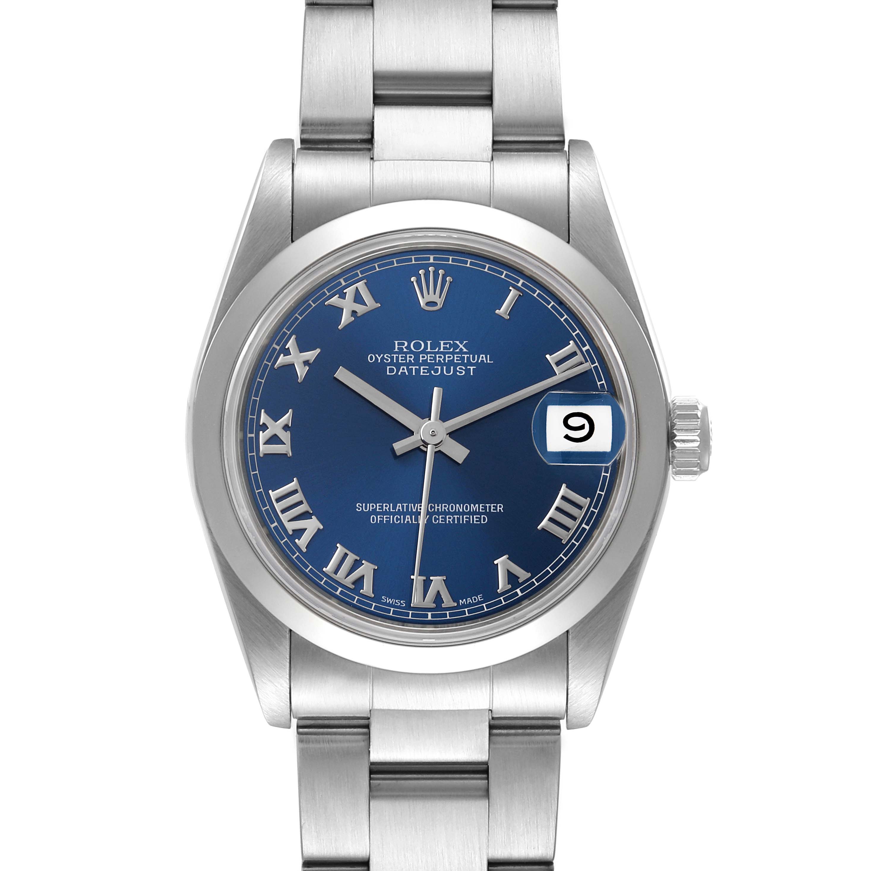 This Rolex Mid-Size 68240 Women
s Stainless Steel Blue Dial 68240 Women
s Stainless Steel Blue Dial Datejust watch is shown from a front angle, highlighting its blue dial, Roman numerals, and date window.