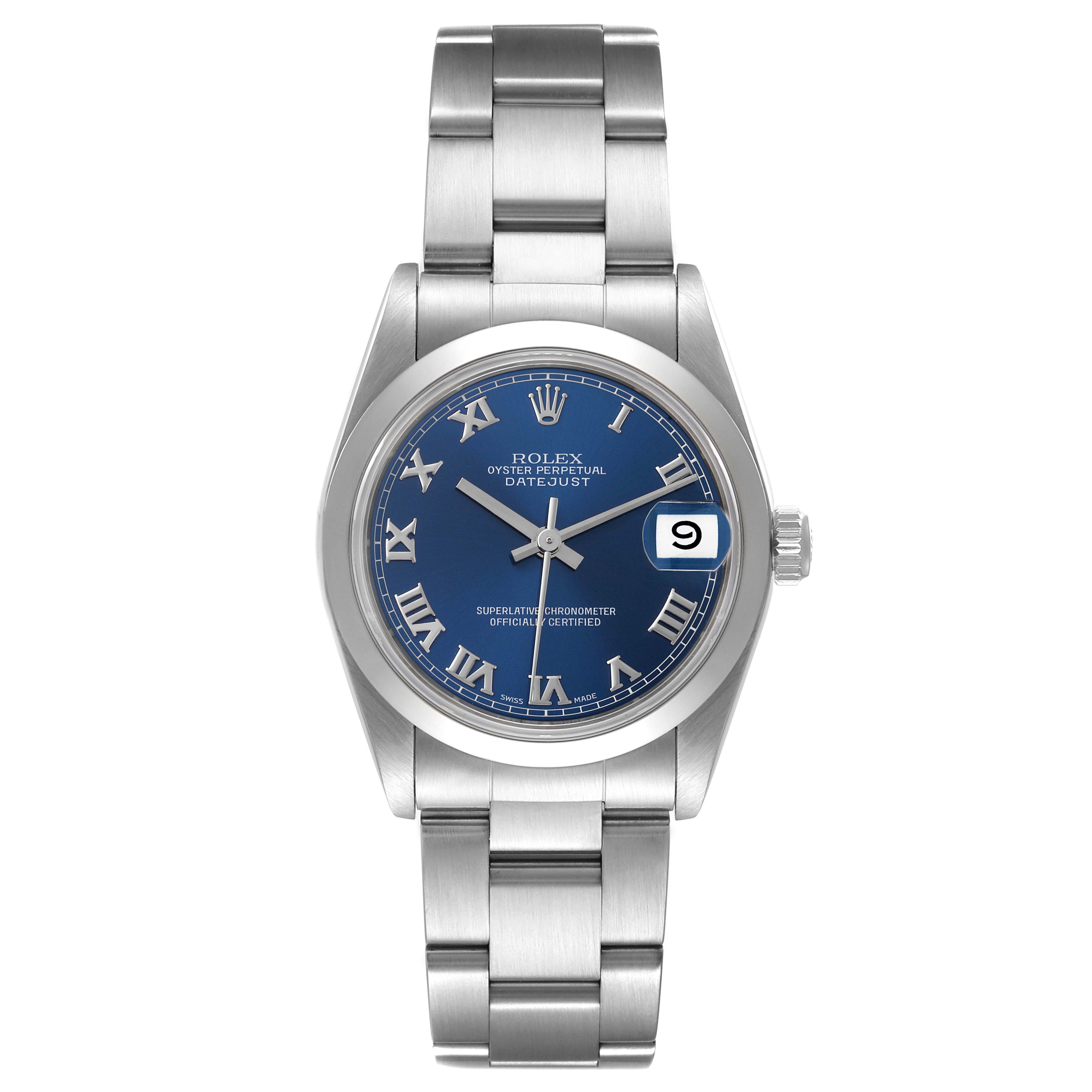 The Rolex Mid-Size 68240 Women
s Stainless Steel Blue Dial 68240 Women
s Stainless Steel Blue Dial Oyster Perpetual Datejust watch is shown from a front angle, displaying the face, bezel, and bracelet.