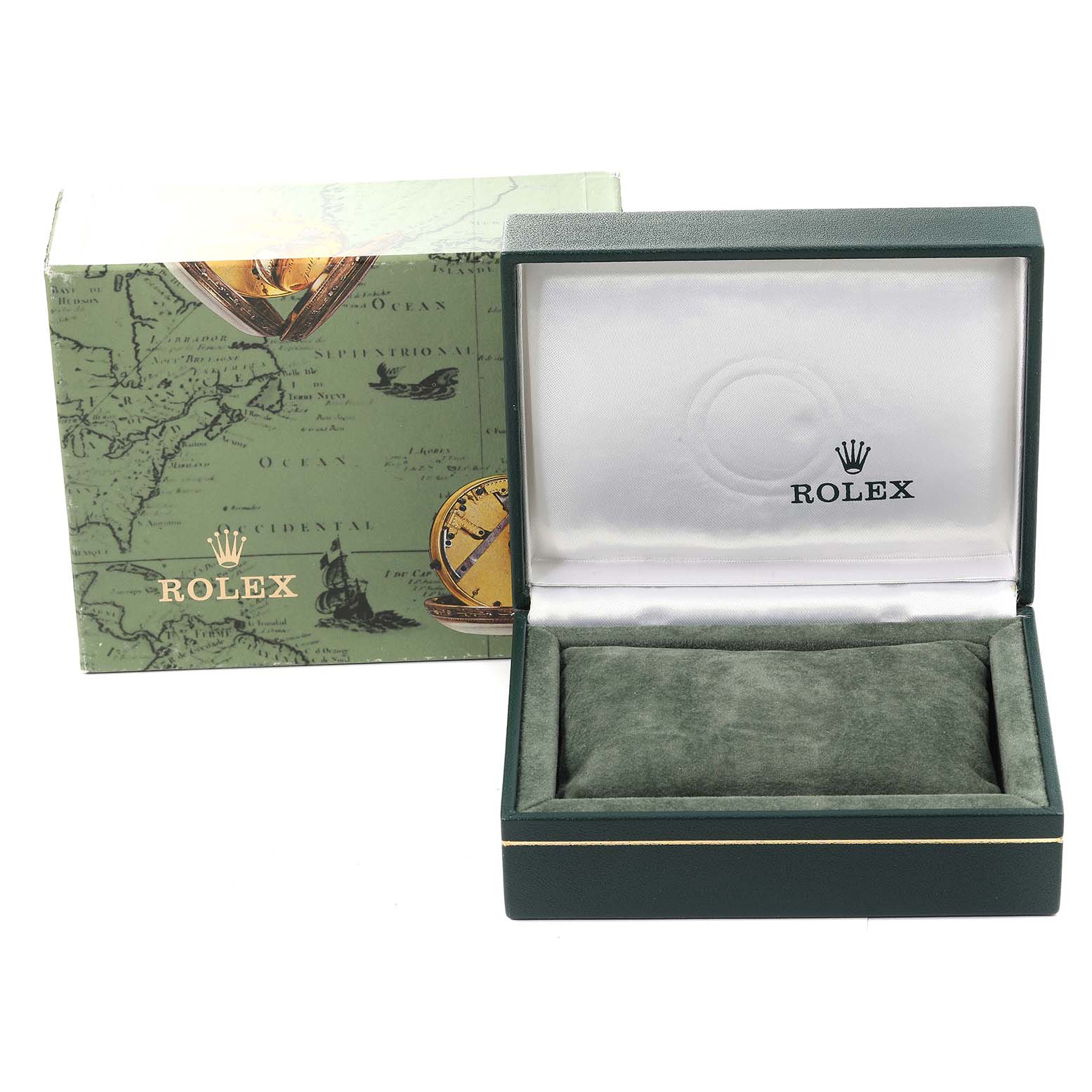 The image shows the packaging and an empty open green and white box for a Mid-Size Rolex watch.